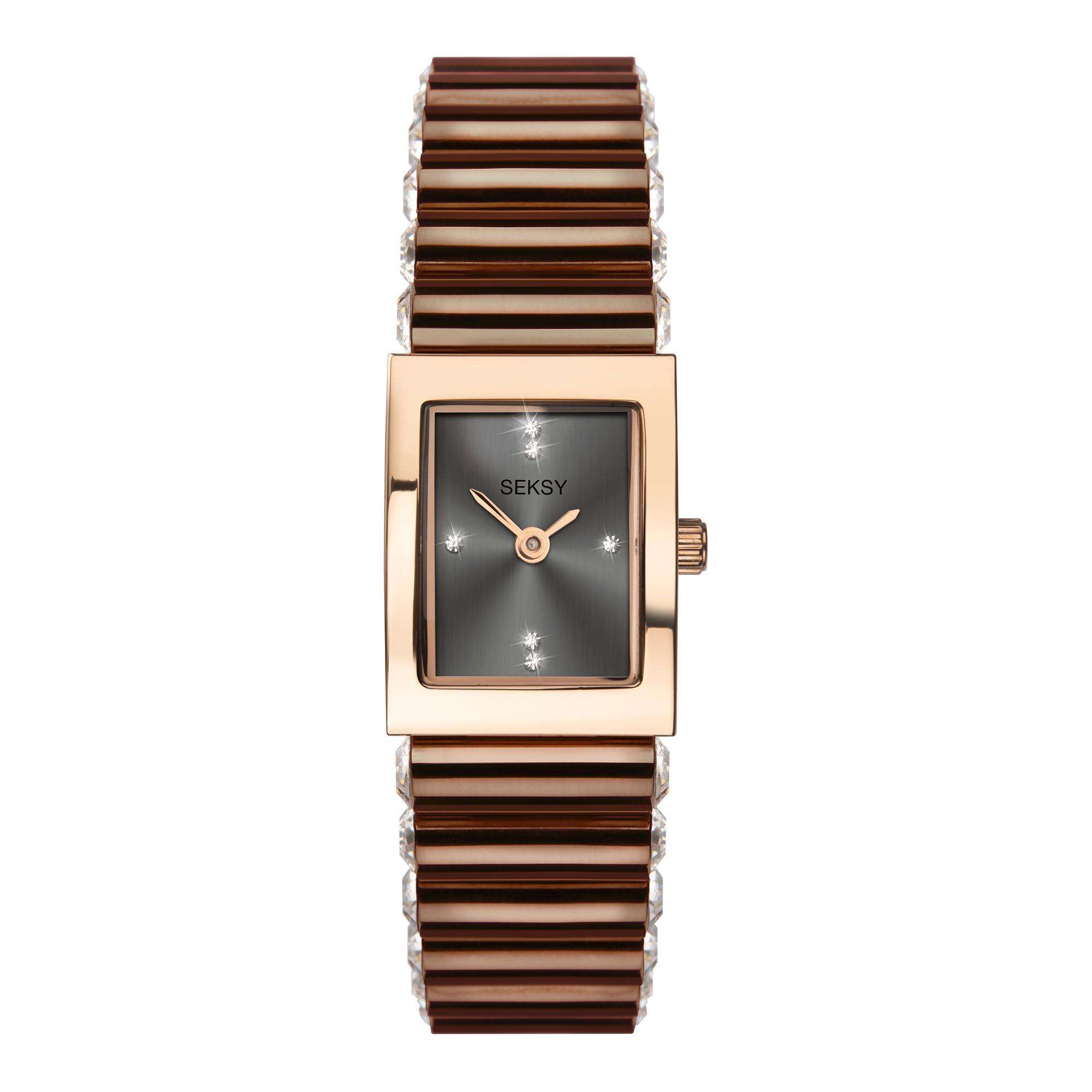 Seksy Edge Quartz Grey Dial Brown Stainless Steel Bracelet Ladies Watch 2914