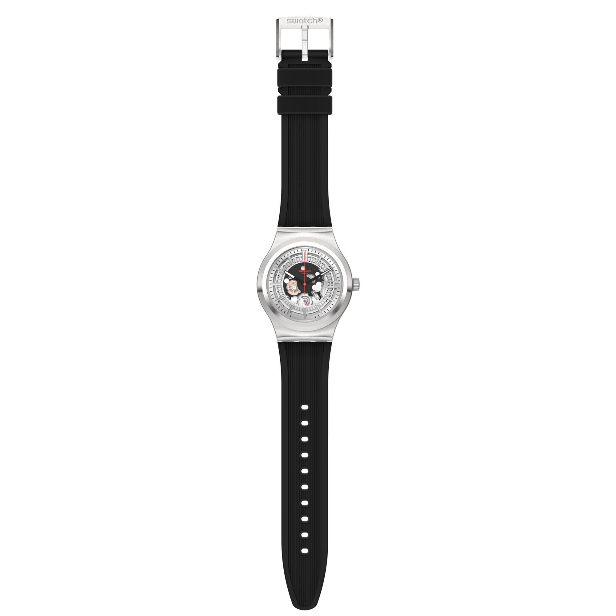 Swatch Irony Sistem51 Sistem Though Again Automatic Silver Skeleton Dial Black Rubber Strap Men’s Watch YIS431