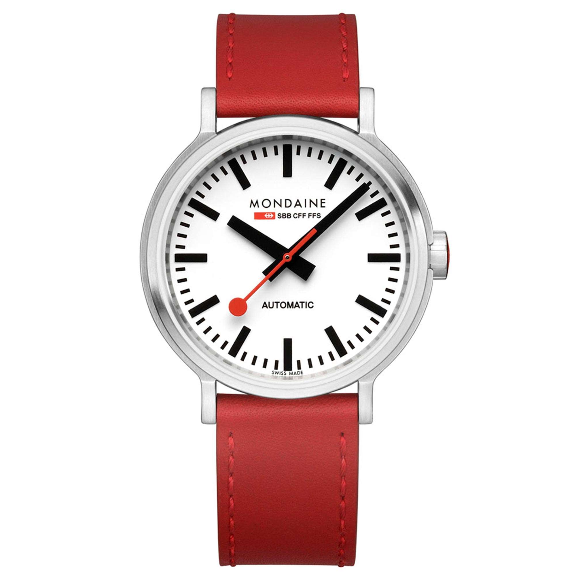Mondaine Original Backlight Automatic White Dial Red Leather Strap Men's Watch MST.4161B.LC