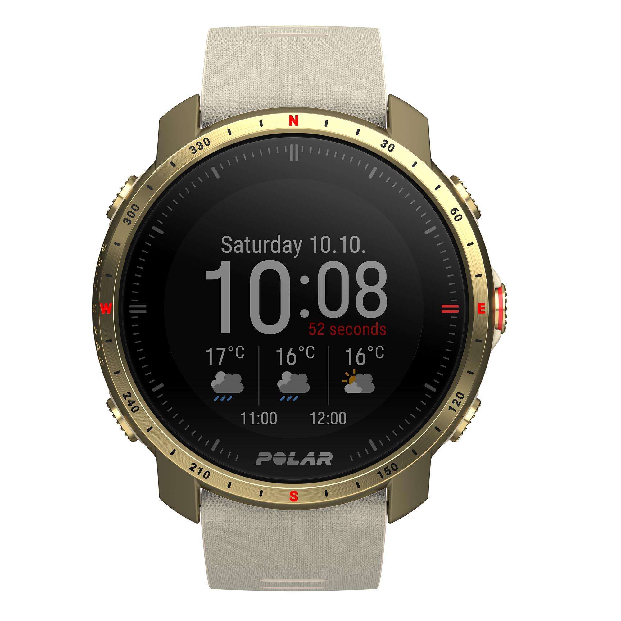 Polar Grit X Pro Arctic Gold Quartz Black Dial Cream Brown Synthetic Rubber Strap Unisex Watch 90085776