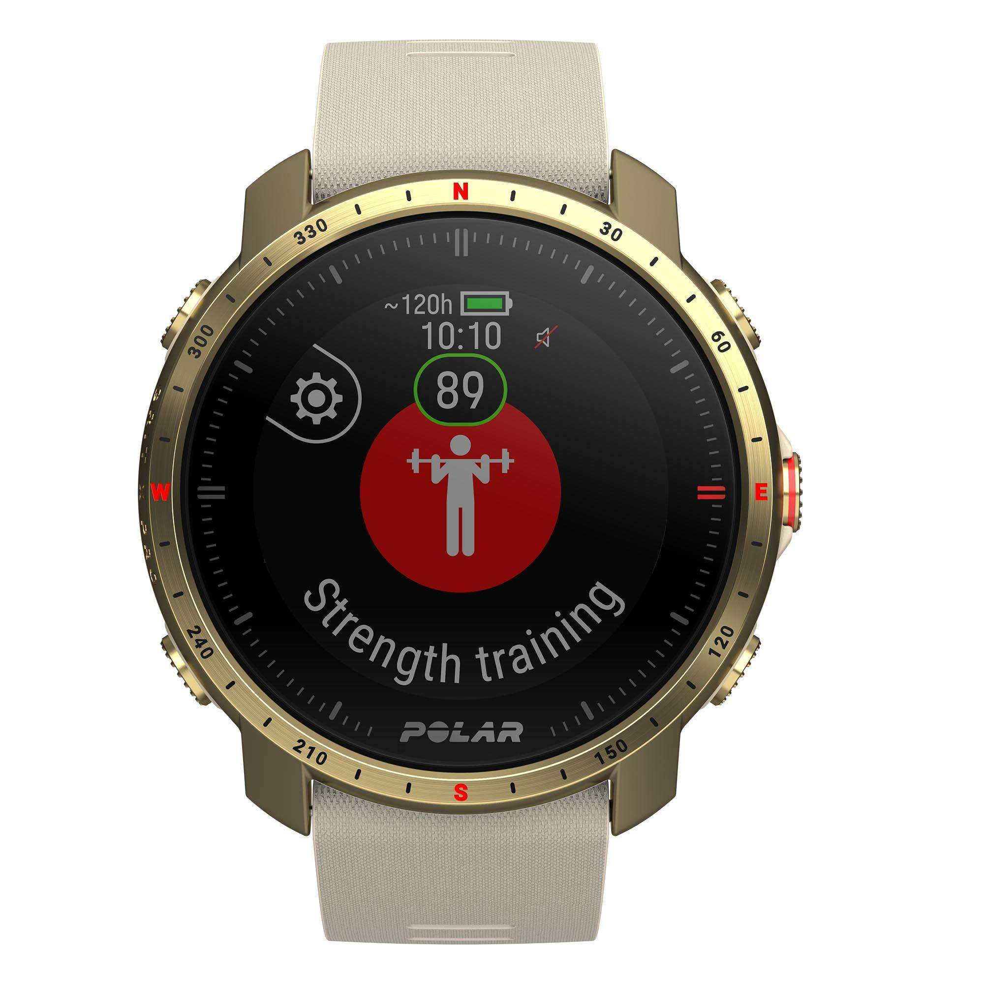 Polar Grit X Pro Arctic Gold Quartz Black Dial Cream Brown Synthetic Rubber Strap Unisex Watch 90085776