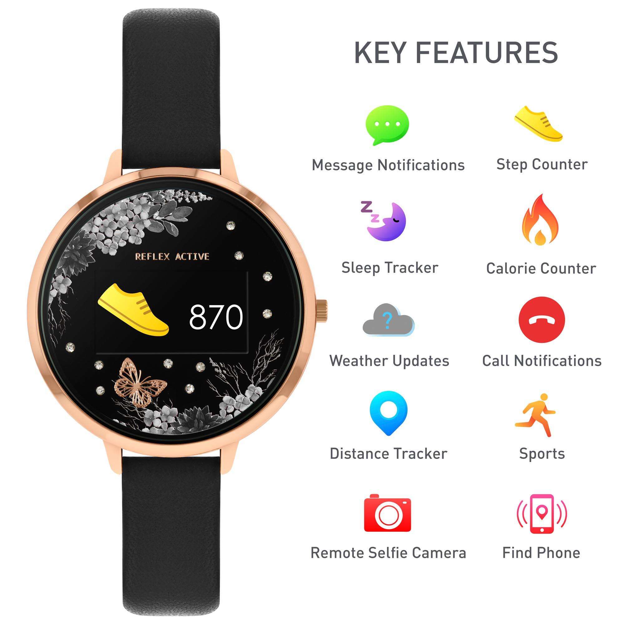 Reflex Active Series 03 Quartz Black Floral Dial Black Leatherette Strap Ladies Smartwatch RA03-2076