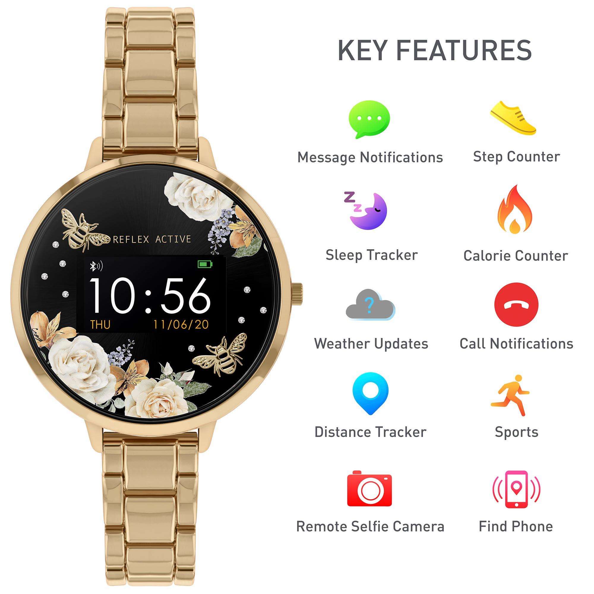 Reflex Active Series 03 Quartz Black Floral Gold PVD Stainless Steel Bracelet Ladies Smartwatch RA03-4008