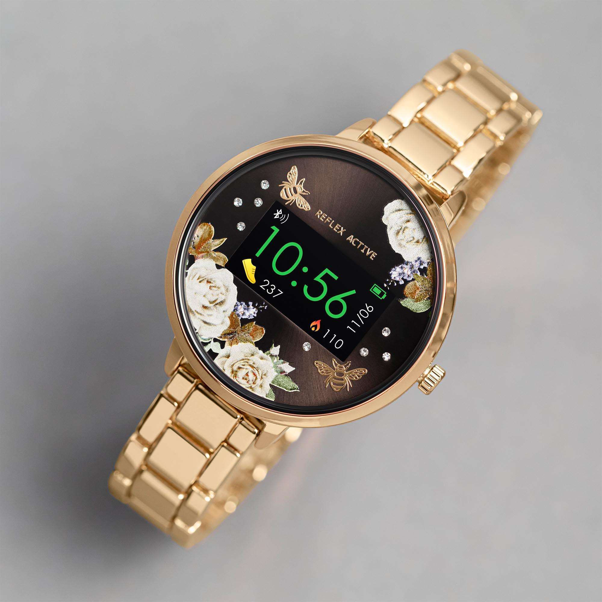Reflex Active Series 03 Quartz Black Floral Gold PVD Stainless Steel Bracelet Ladies Smartwatch RA03-4008
