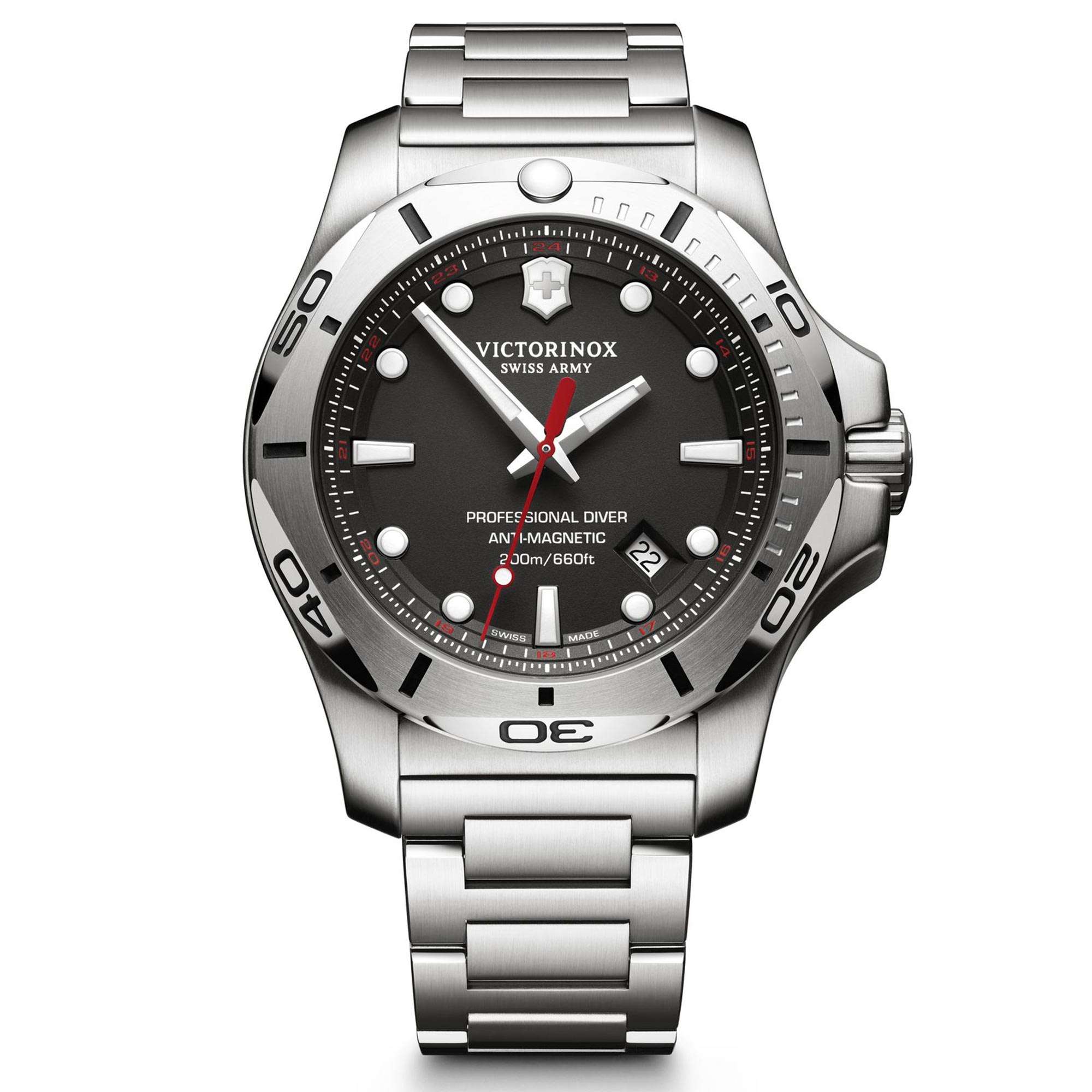 Victorinox Swiss Army I.N.O.X Professional Diver Black Dial Silver Stainless Steel Bracelet Men's Watch 241781