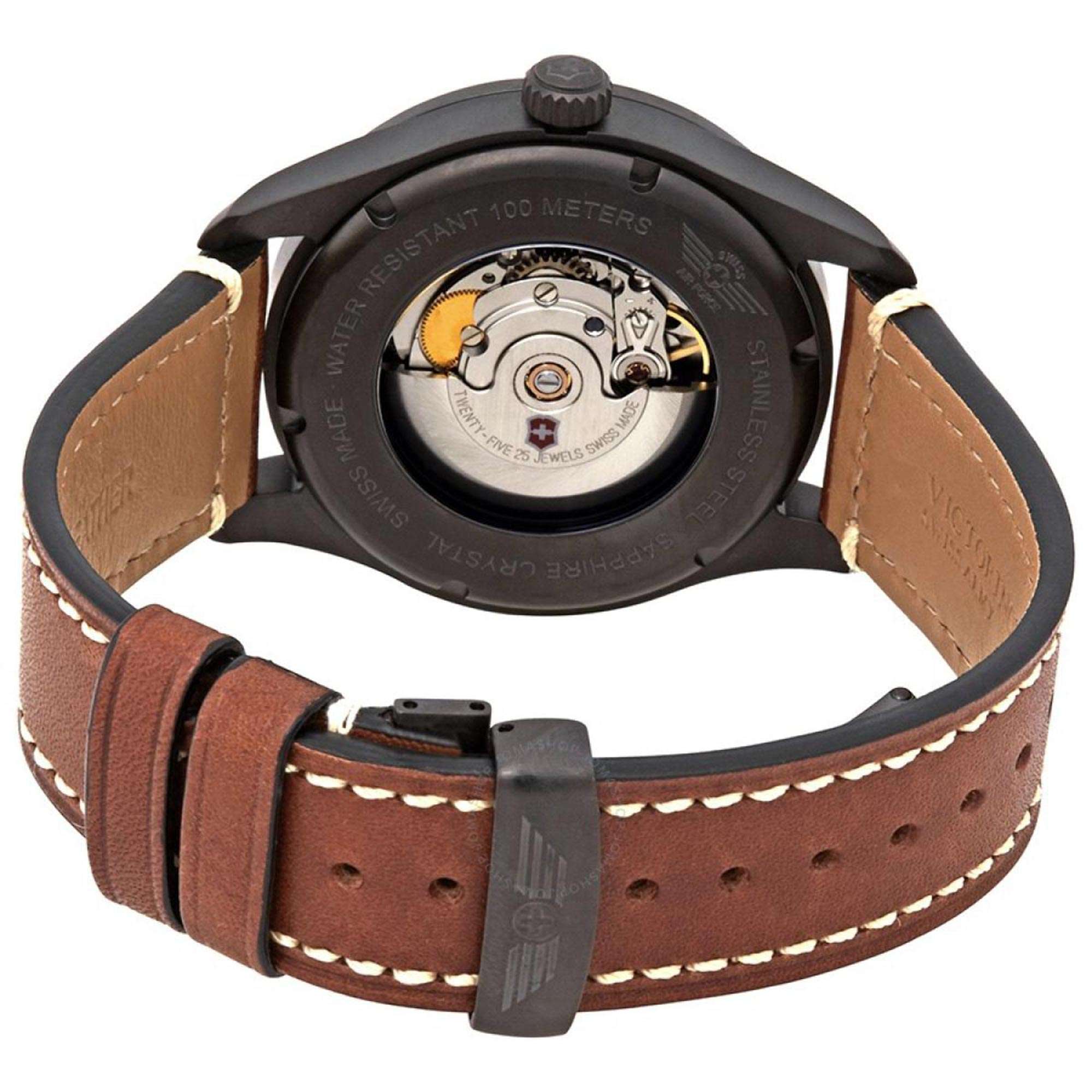 Victorinox Swiss Army Airboss Mechanical Black Dial Brown Leather Strap Men's Watch 241821