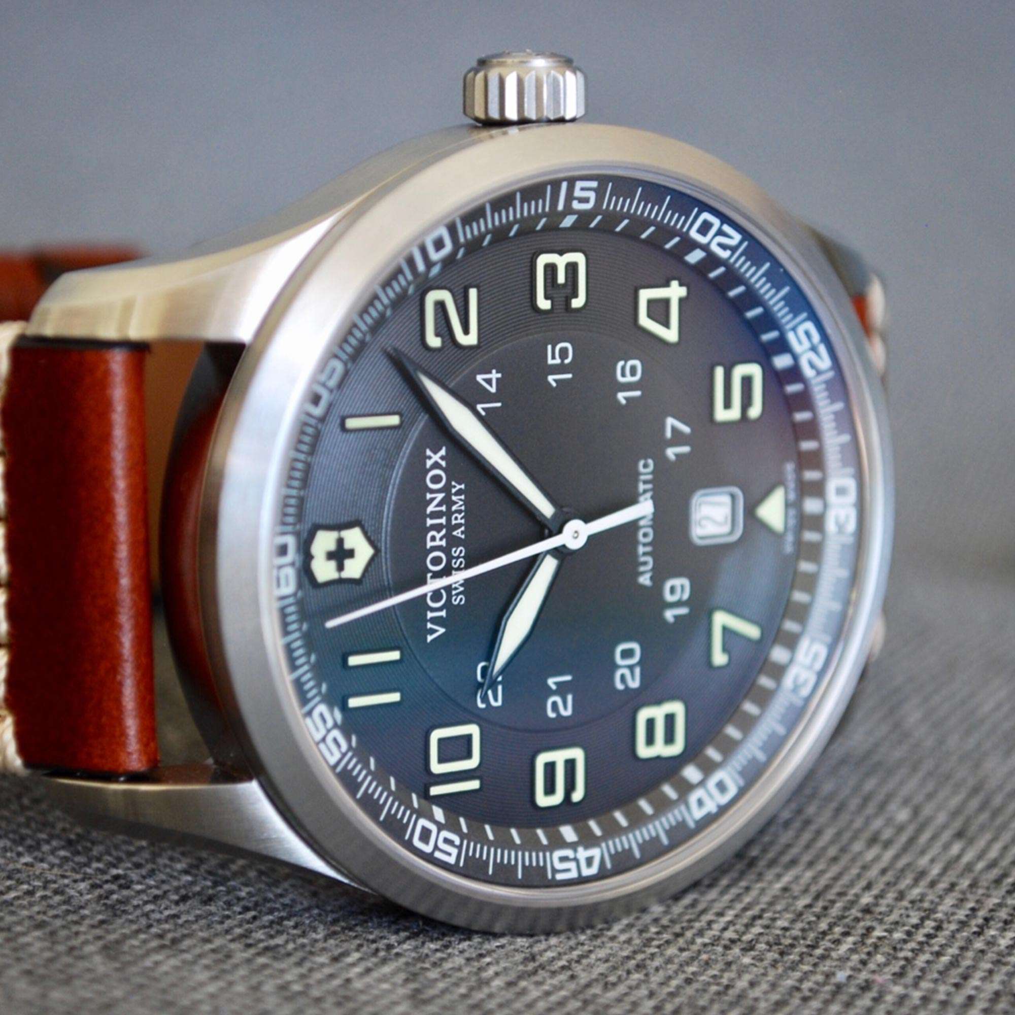 Victorinox Swiss Army Airboss Mechanical Dark Grey Dial Brown Leather Strap Men's Watch 241507