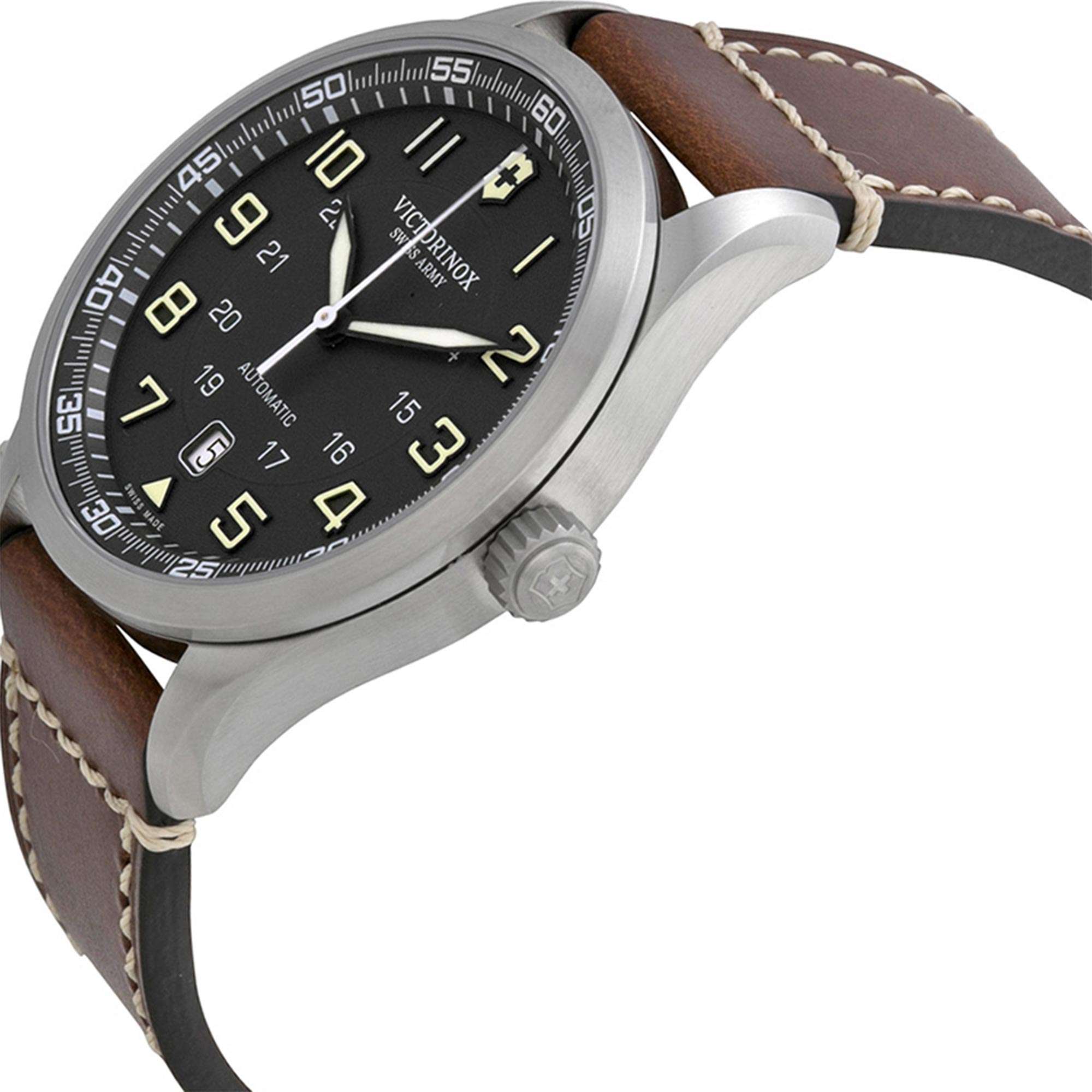 Victorinox Swiss Army Airboss Mechanical Dark Grey Dial Brown Leather Strap Men's Watch 241507