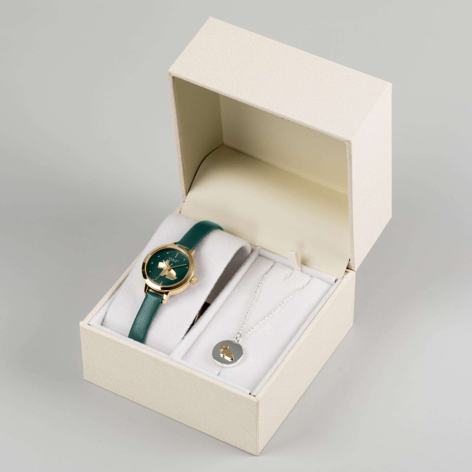 Radley Quartz Green Dial Leather Strap Ladies Watch Necklace Set RY21308A-SET