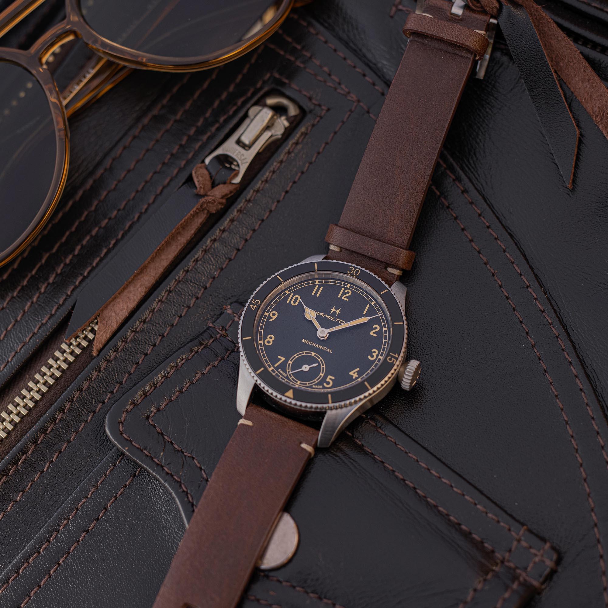 Hamilton Khaki Aviation Pilot Pioneer Mechanical Black Dial Brown Leather Strap Men’s Watch H76719530