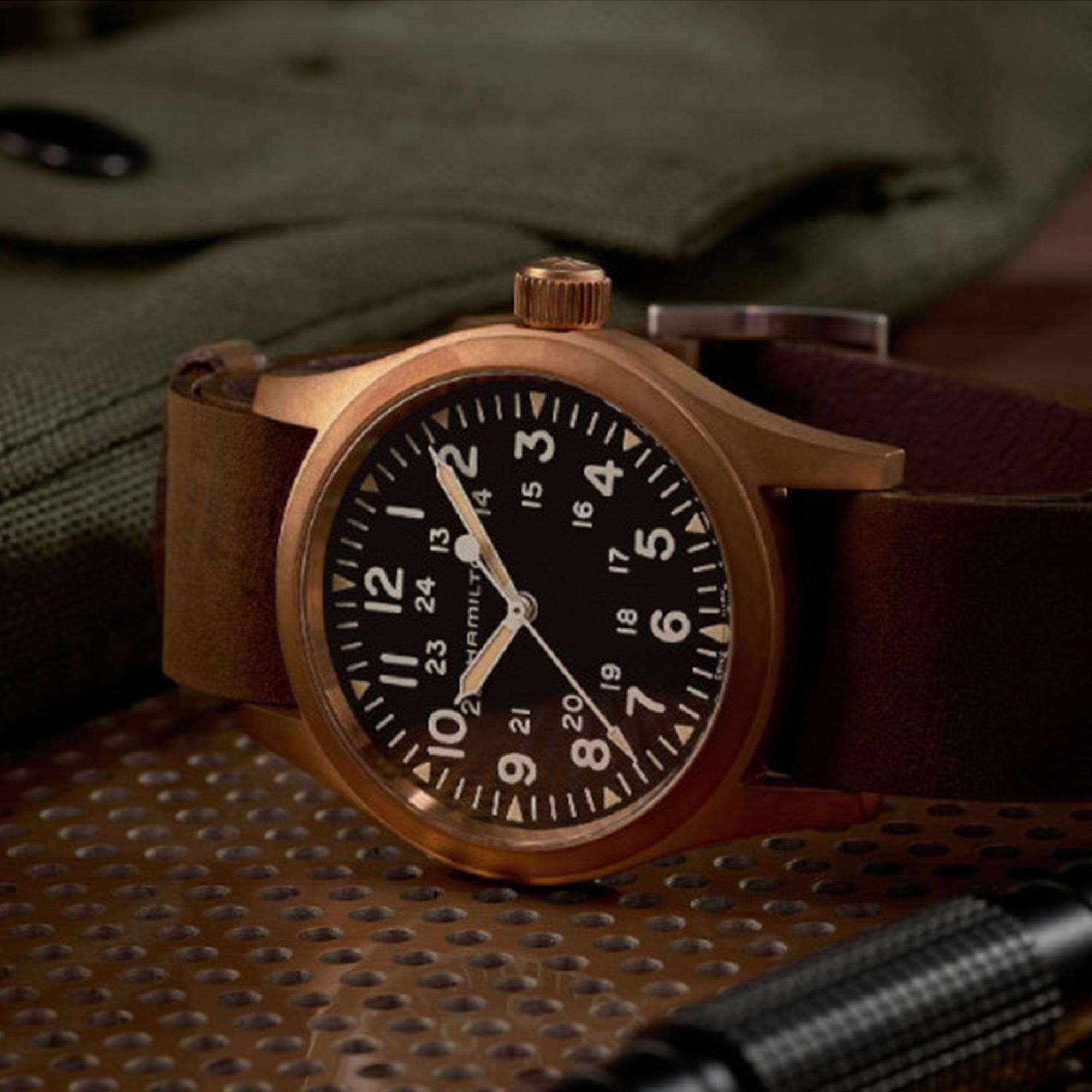 Hamilton Khaki Field Mechanical Bronze Black Dial Leather Strap Men's Watch H69459530