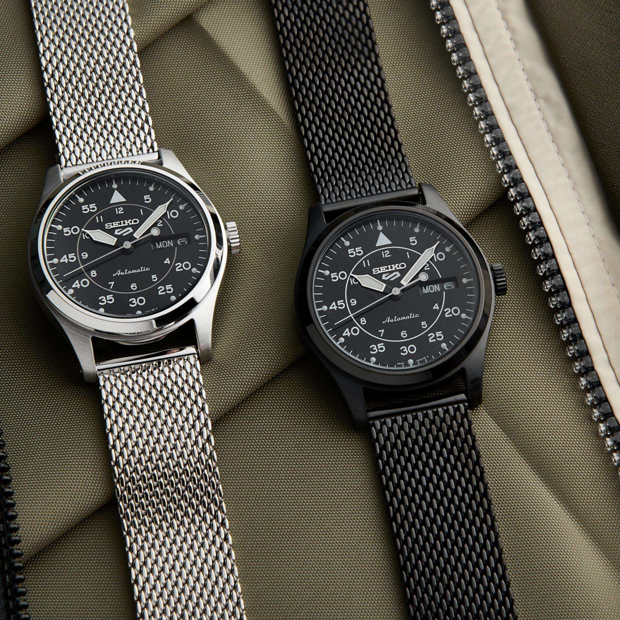 Seiko 5 Sports Flieger Pilot/Aviation Automatic Black Dial Milanese Bracelet Men's Watch SRPH23K1