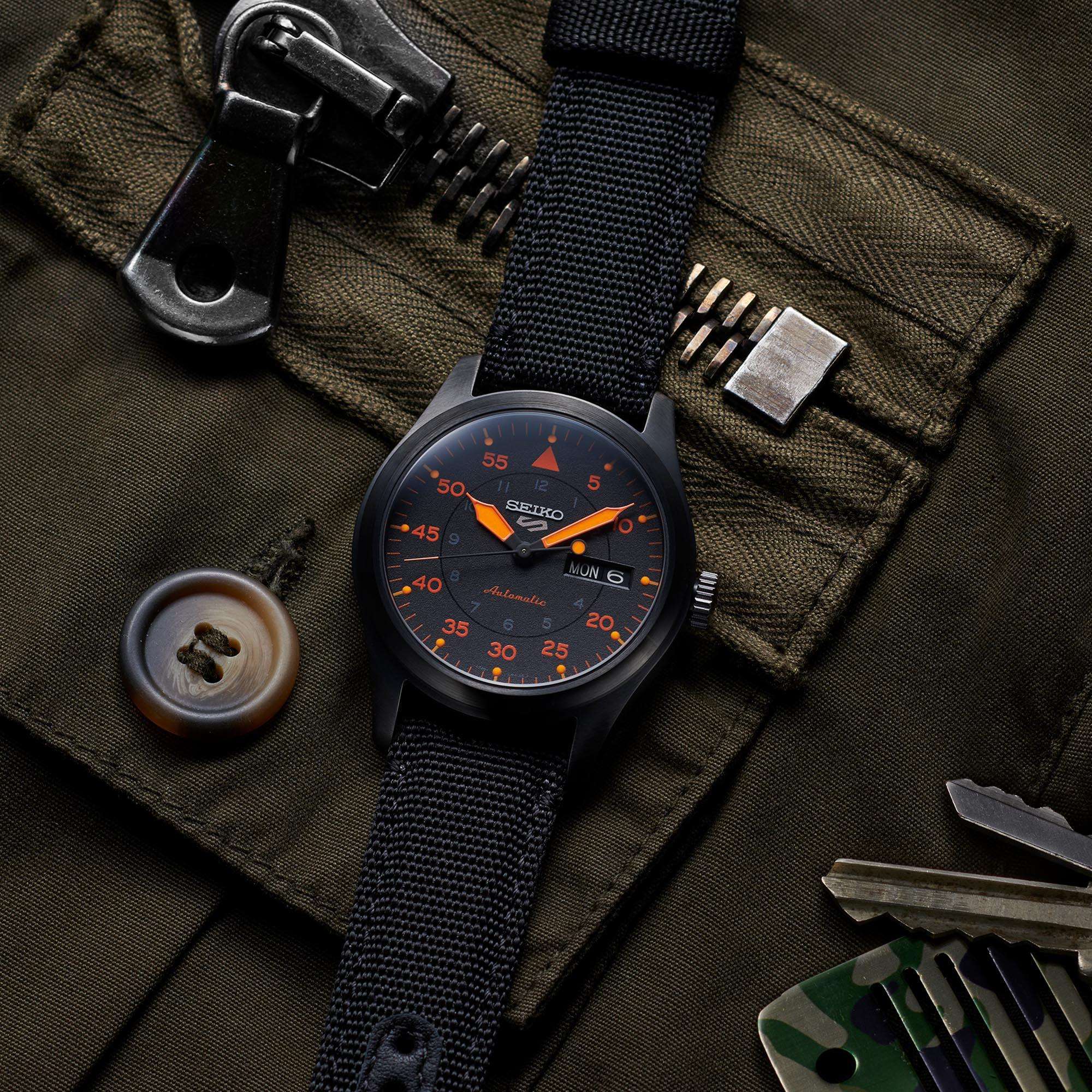 Seiko 5 Flieger Pilot/Aviation Style Automatic Black and Orange Dial Canvas Strap Men's Watch SRPH33K1
