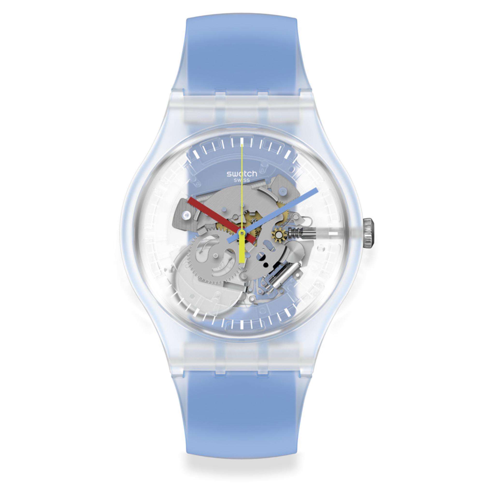 Swatch Clearly Blue Striped Quartz Transparent Dial Blue Silicone Strap Watch SUOK156