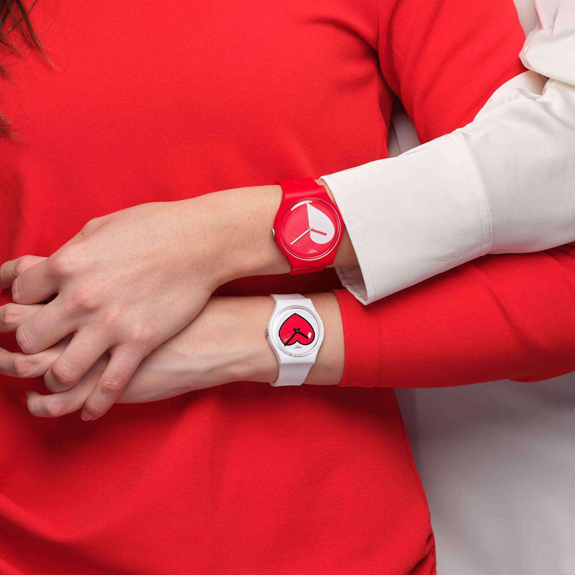 Swatch New Gent Half <3 White Quartz Red Dial Red Silicone Strap Unisex Watch SO29Z112