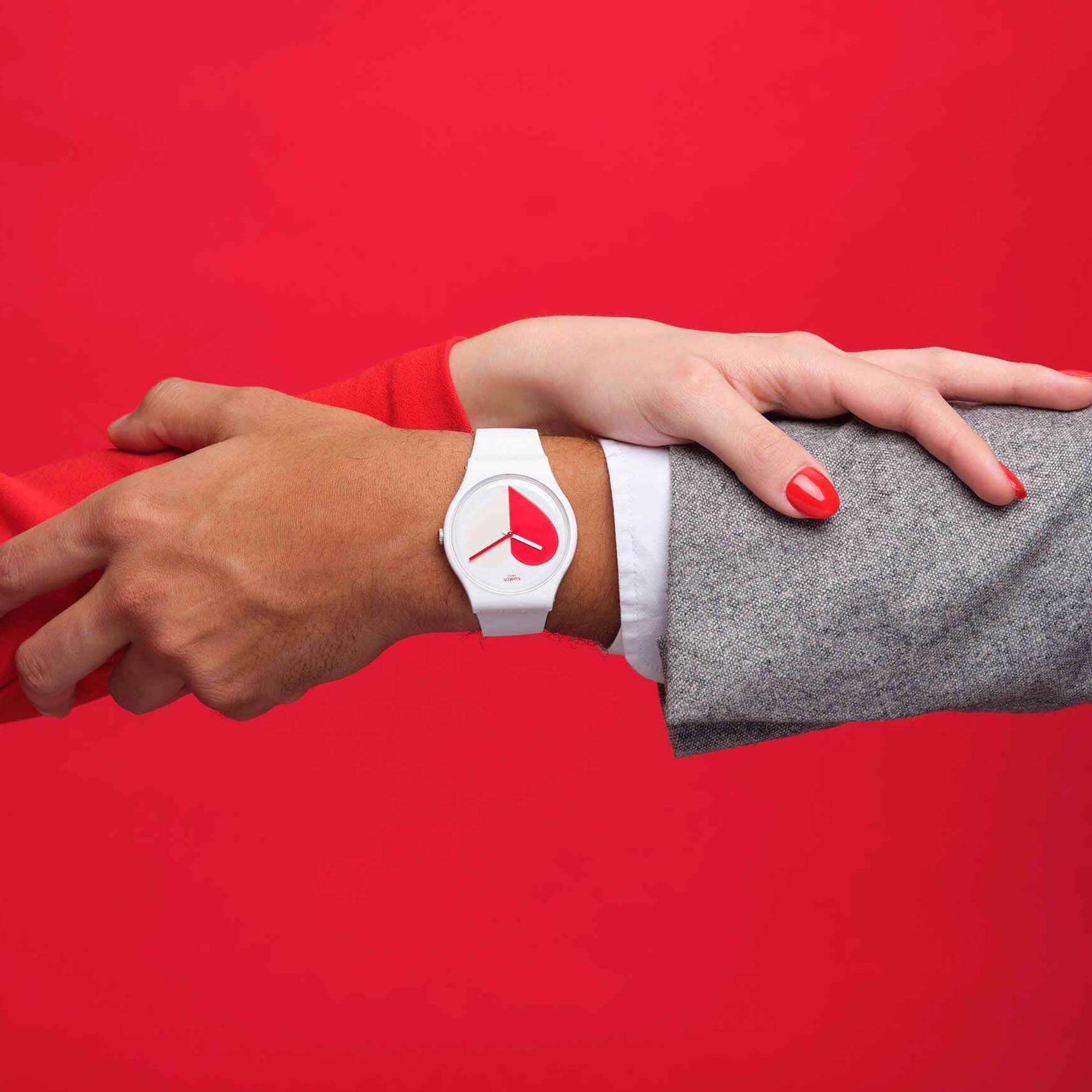 Swatch New Gent Half <3 Red Quartz White Dial White Silicone Strap Unisex Watch SO29Z113