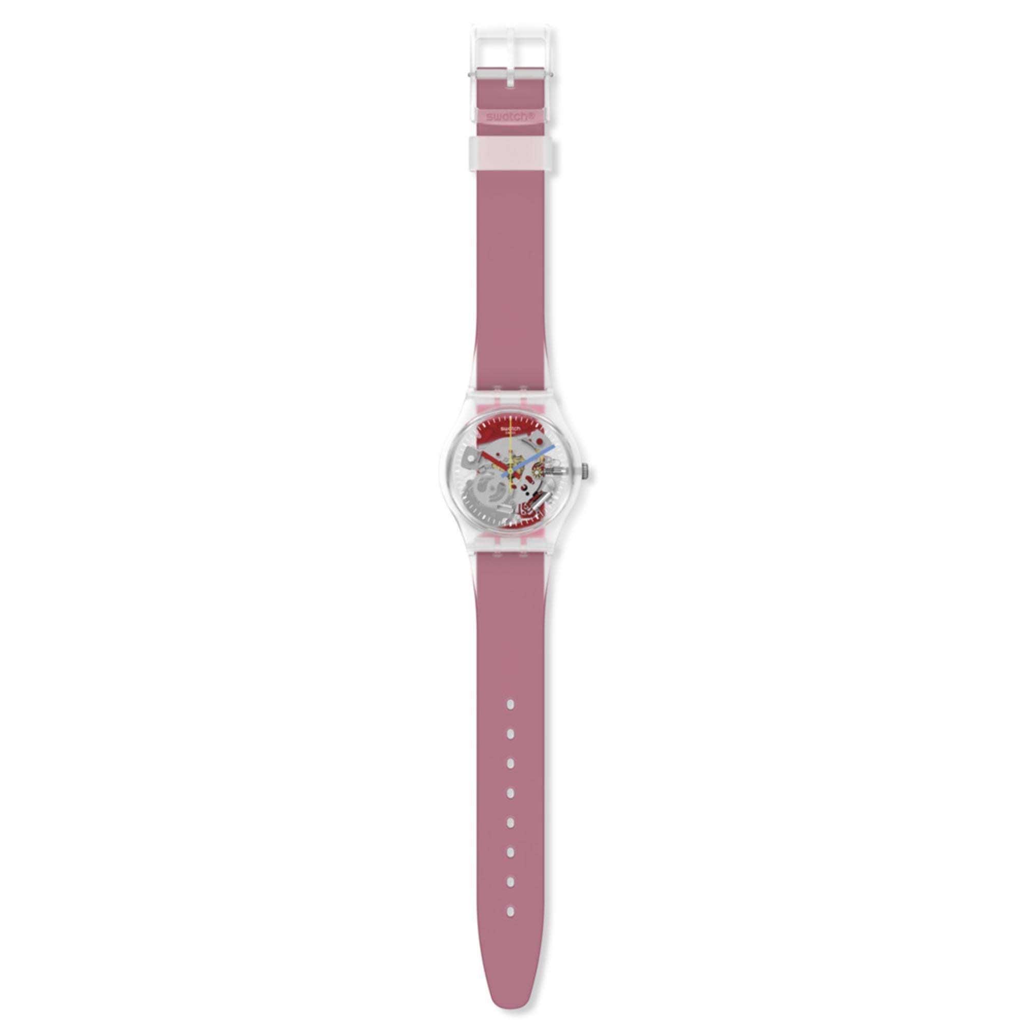 Swatch Clearly Red Striped Quartz Transparent Dial Red Silicone Strap Watch GE292