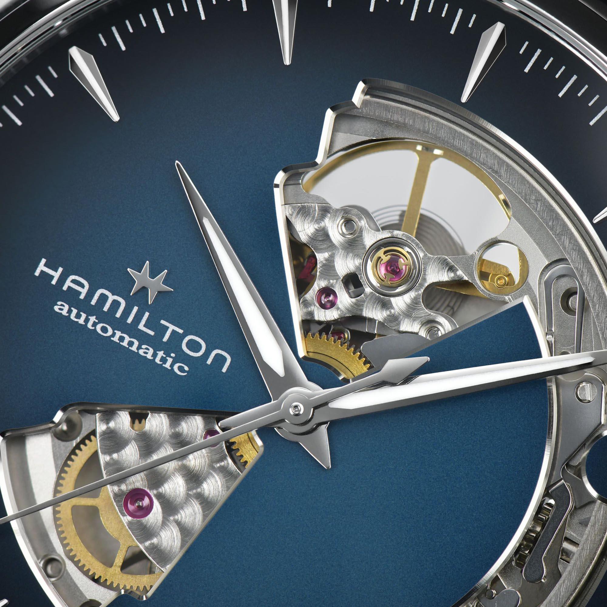 Hamilton Jazzmaster H32675140 smoked blue dial with open-heart aperture revealing movement close-up
