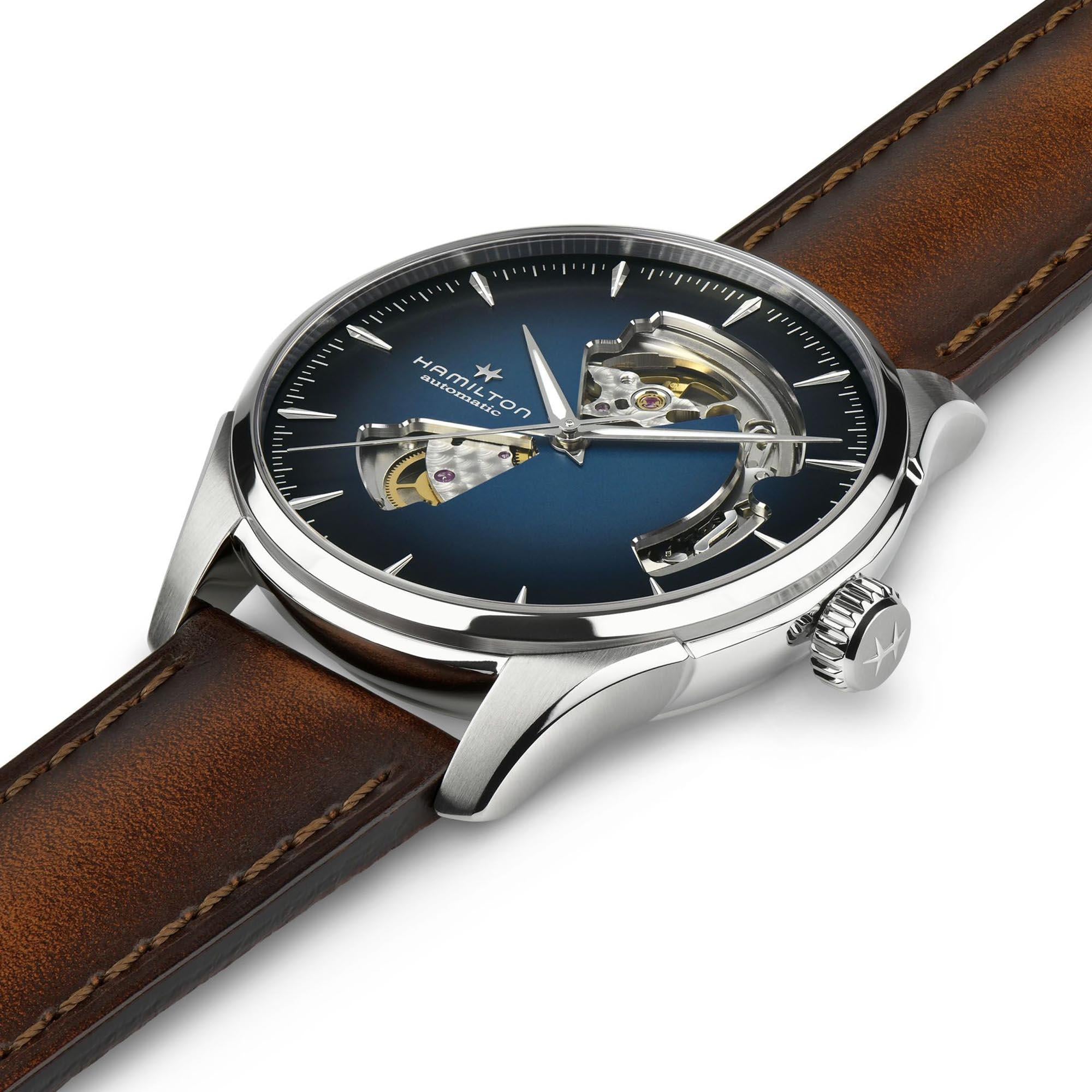 Hamilton Jazzmaster H32675540 40mm smoked blue dial with open-heart aperture from side profile