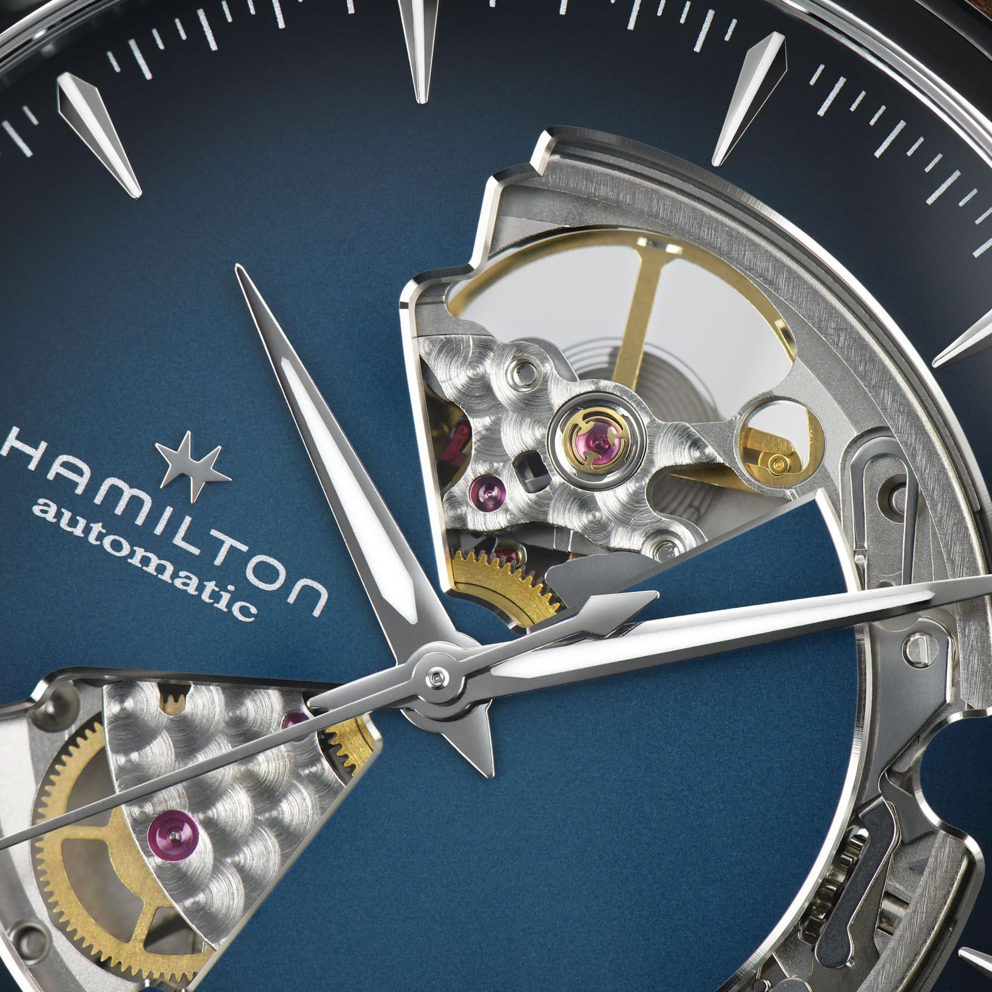 Hamilton Jazzmaster H32675540 40mm smoked blue dial with open-heart aperture close-up