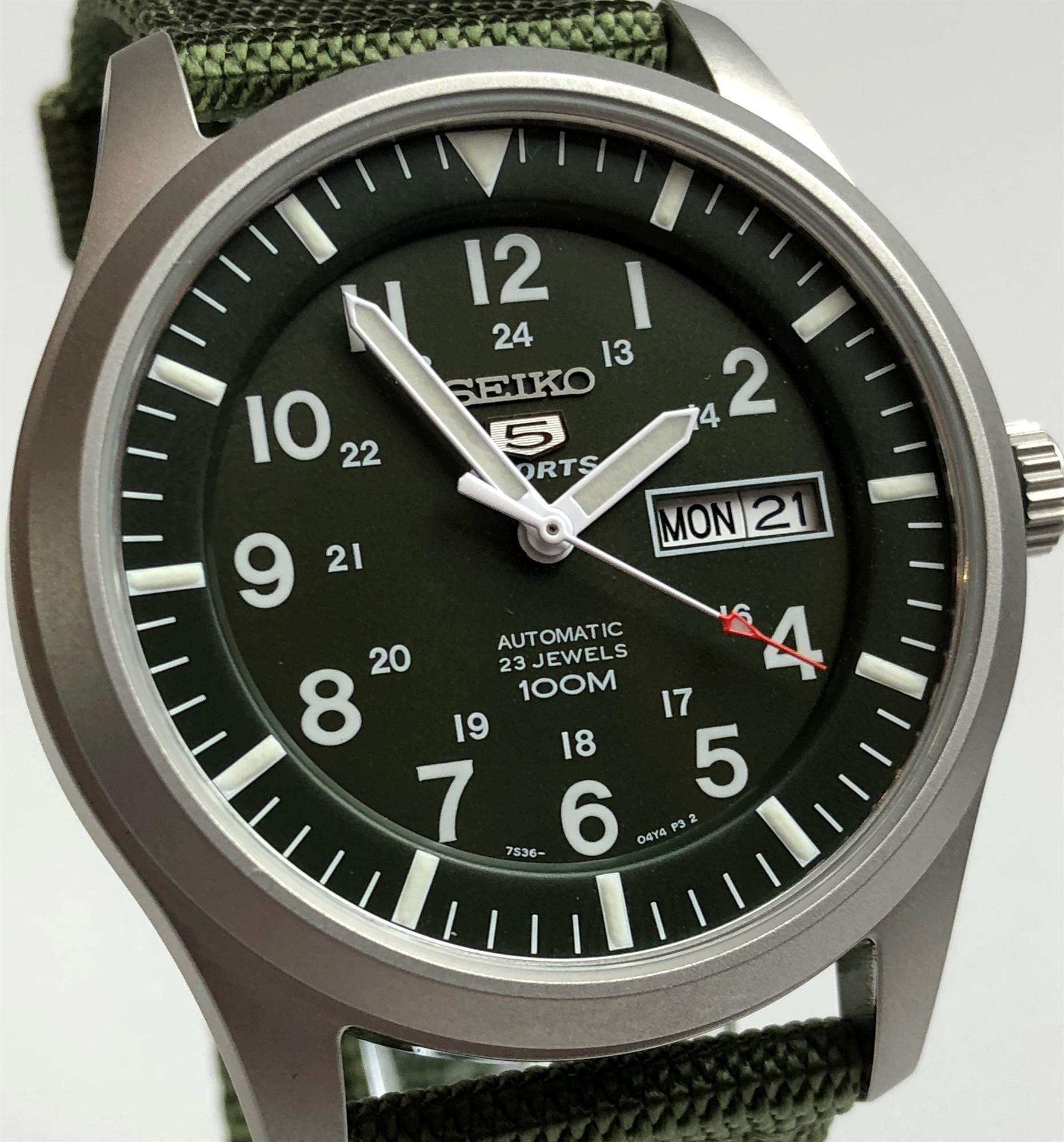 Seiko 5 Sports Automatic Green Dial Green NATO Style Strap Men's Watch SNZG09K1