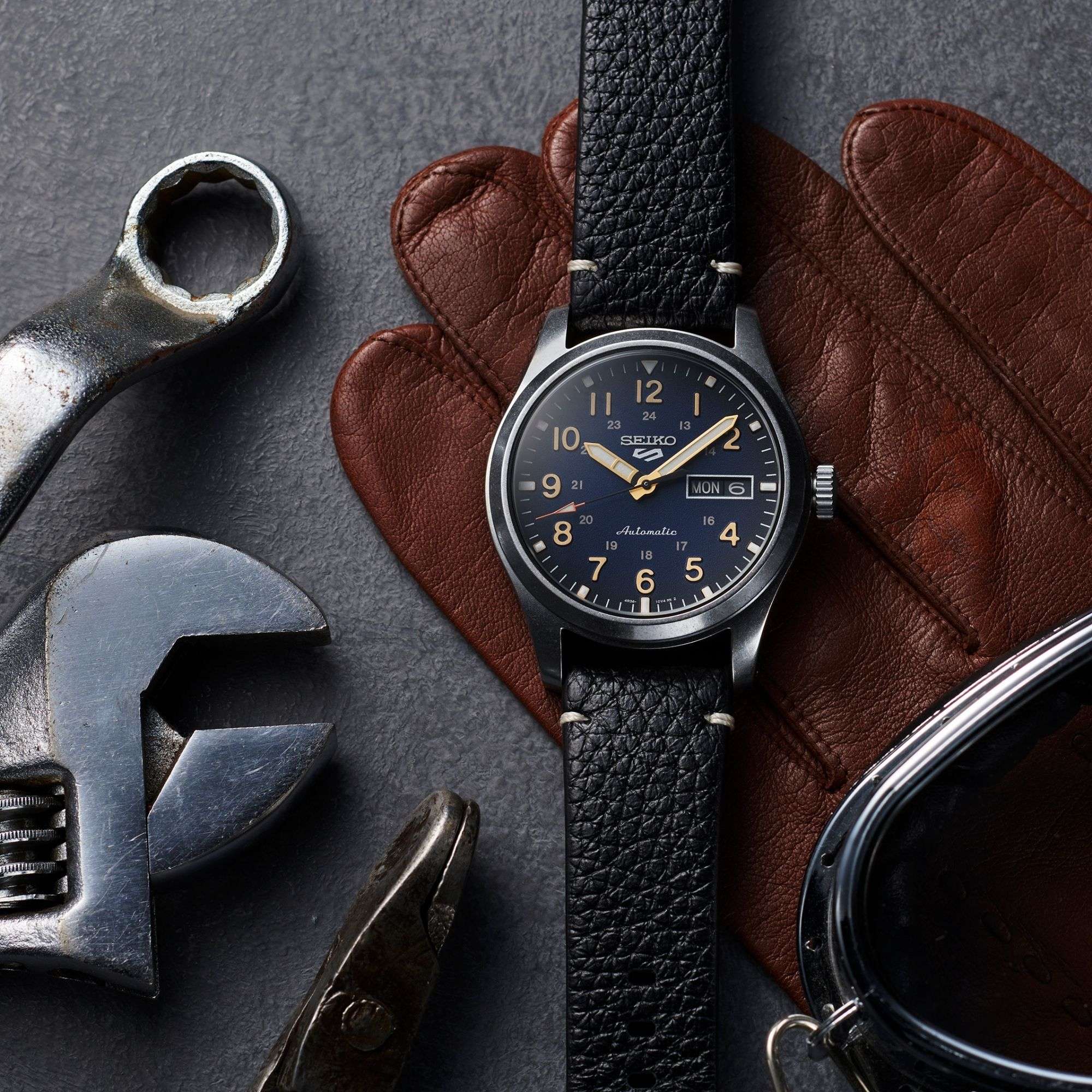 Seiko 5 Sports Field Military Automatic Blue Dial Black Leather Strap Men's Watch SRPG39K1