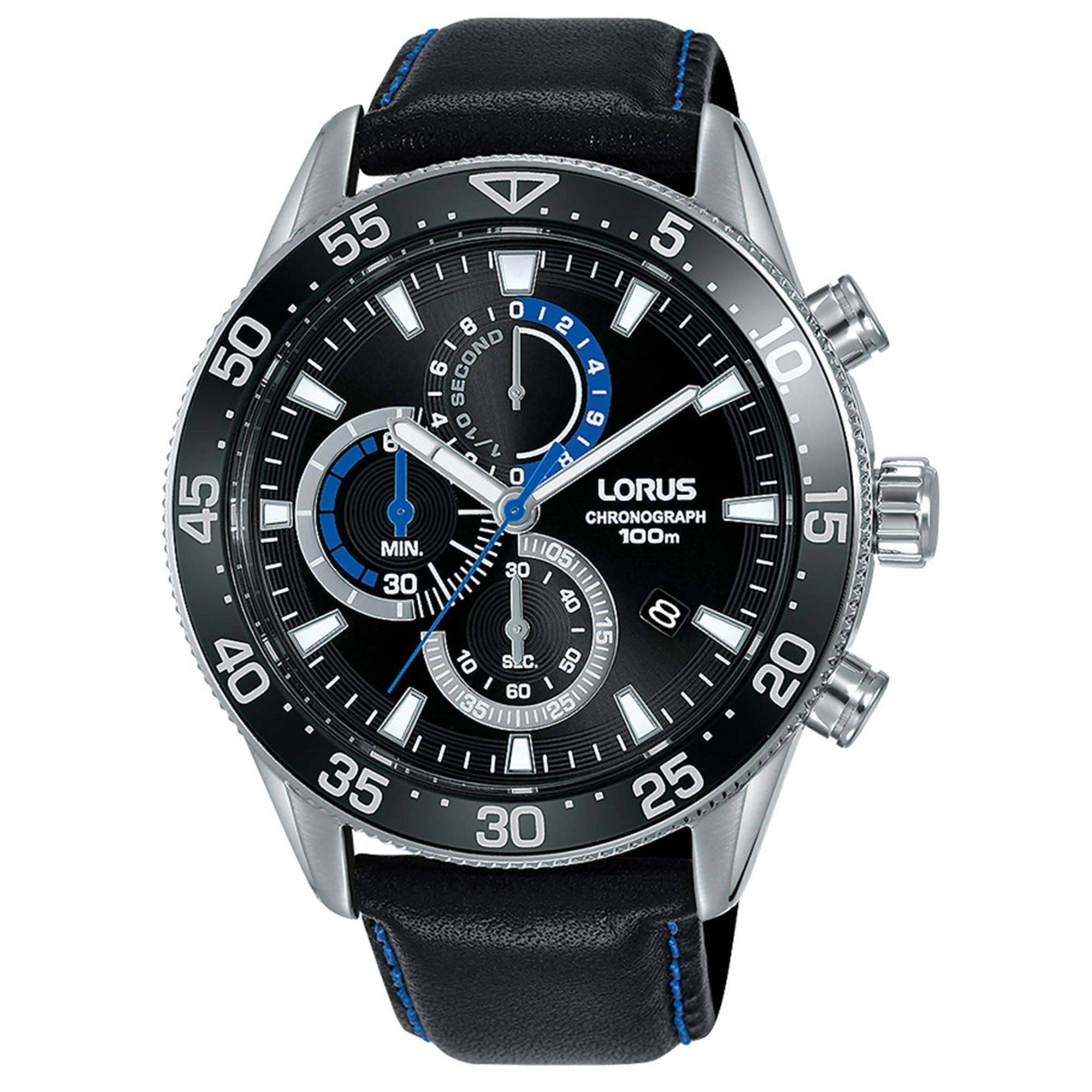 Lorus Sports Quartz Black Dial Black Leather Strap Men's Watch RM343FX9