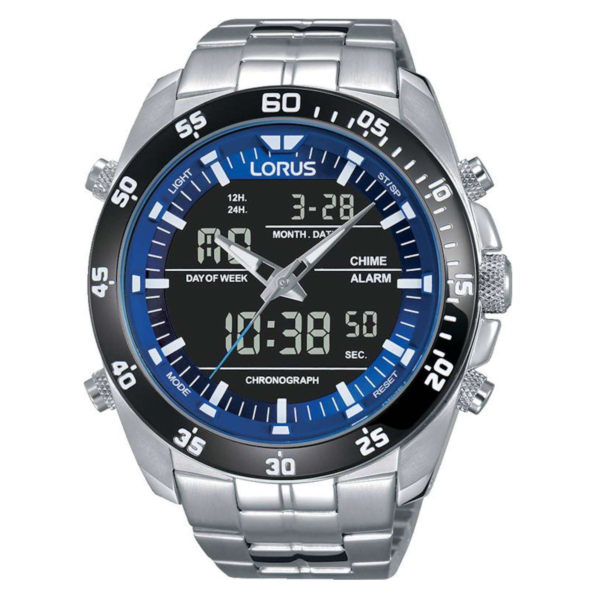 Lorus Sports Duo-Display Quartz Black Dial Stainless Steel Bracelet Men's Watch RW629AX5