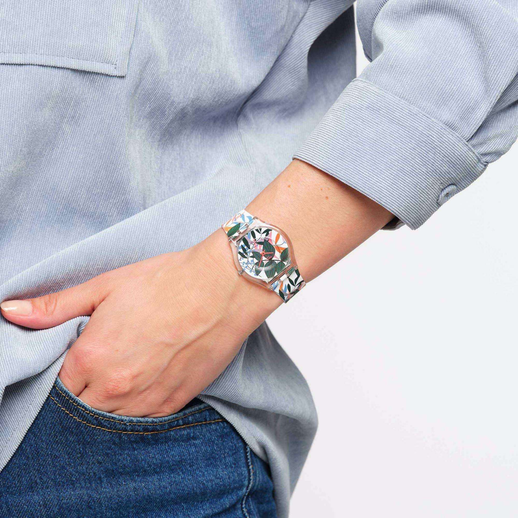 Swatch Skin Classic Leaves Jungle Quartz Floral Dial Floral Silicone Strap Ladies Watch SS08K111