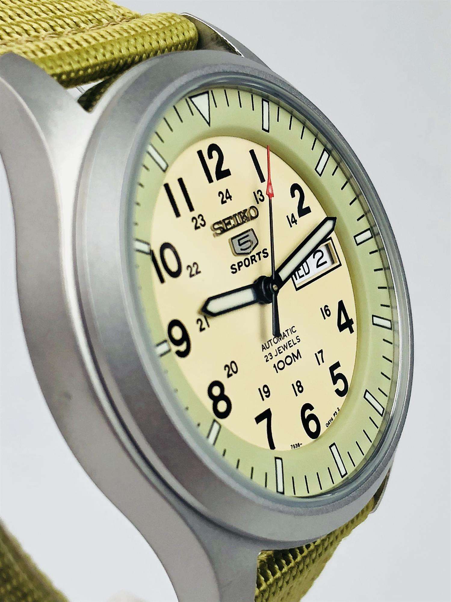 Seiko 5 Sports Automatic Military Cream Dial Canvas Men's Watch SNZG07K1