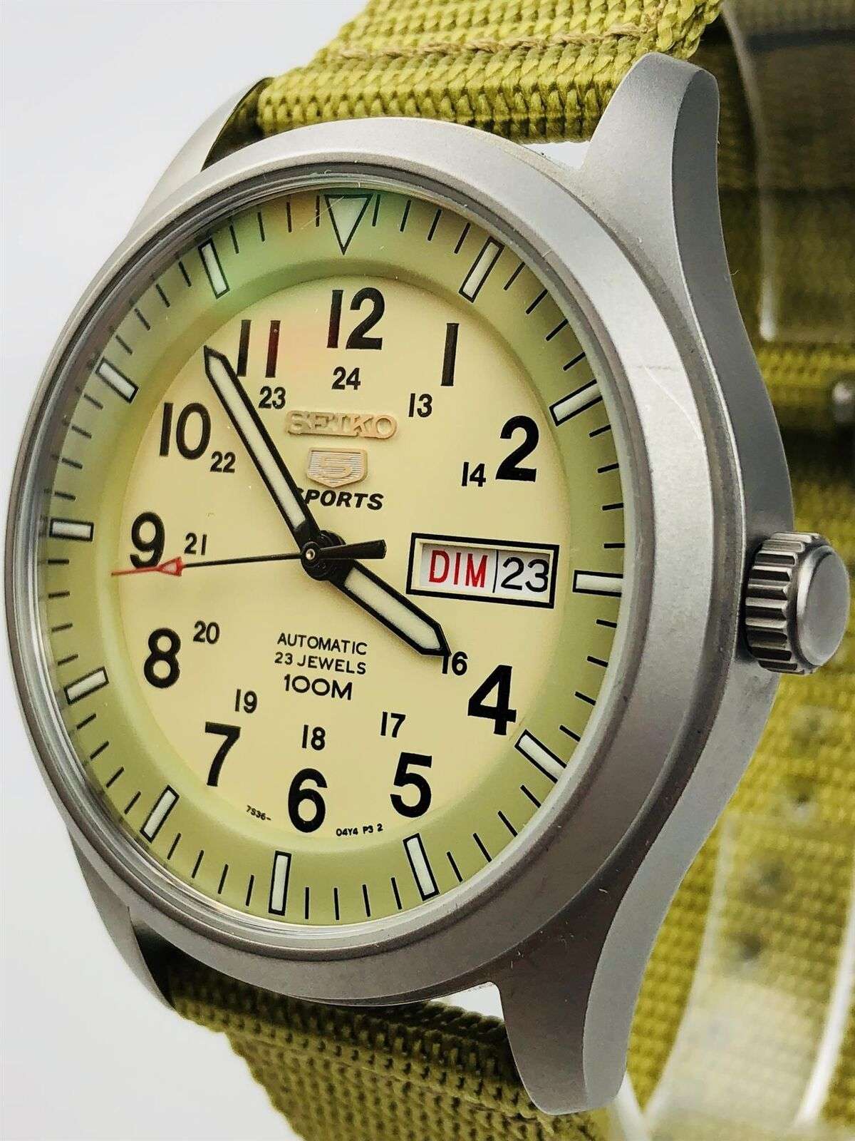 Seiko 5 Sports Automatic Military Cream Dial Canvas Men's Watch SNZG07K1