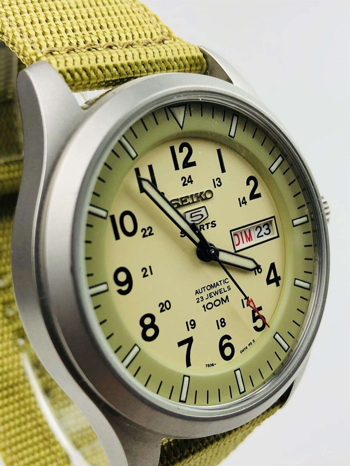 Seiko 5 Sports Automatic Military Cream Dial Canvas Men's Watch SNZG07K1