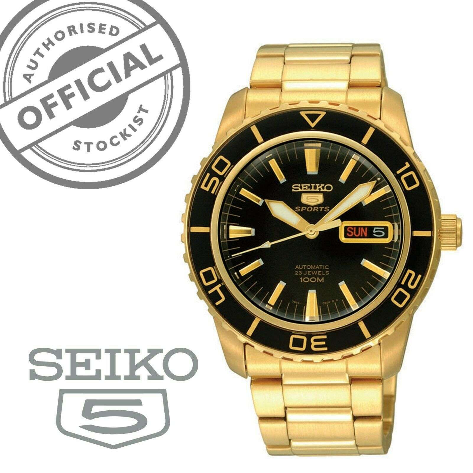 Seiko 5 Sports Automatic Black Dial Gold Stainless Steel Men's Watch SNZH60K1