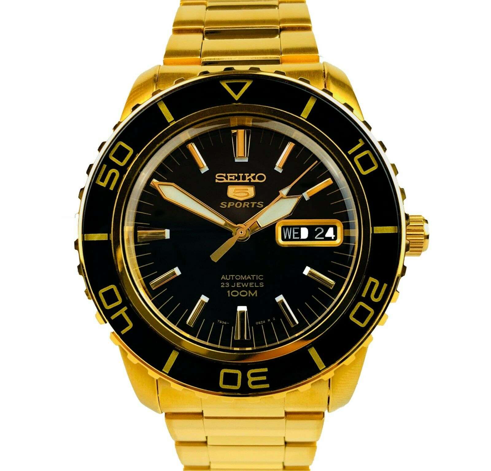 Seiko 5 Sports Automatic Black Dial Gold Stainless Steel Men's Watch SNZH60K1