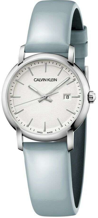 Calvin Klein Established Silver Dial Blue Leather Strap Ladies Watch K9H231V6 32mm