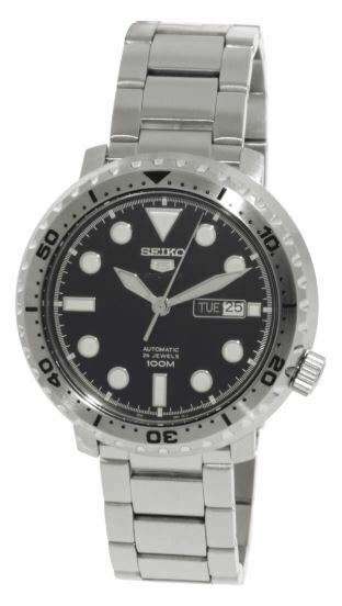Seiko 5 Sports Bottle Cap Silver Stainless Steel Black Dial Automatic Men's Watch SRPC61K1