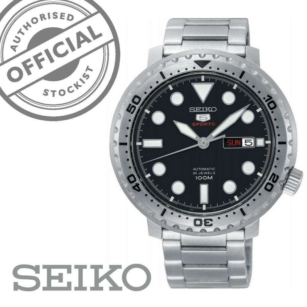 Seiko 5 Sports Bottle Cap Silver Stainless Steel Black Dial Automatic Men's Watch SRPC61K1