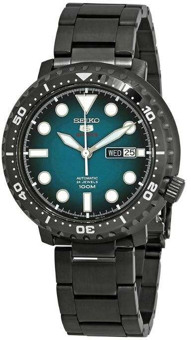 Seiko 5 Sports Automatic Turquoise Dial Gunmetal Grey Stainless Steel Bracelet Men's Watch SRPC65K1