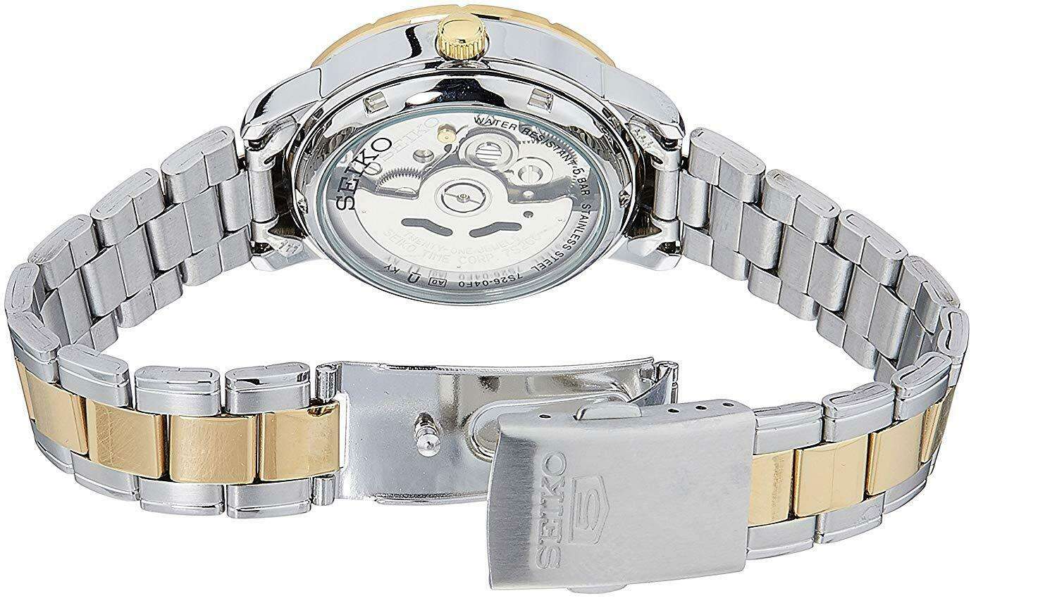Seiko 5 Automatic White Dial Two Tone Silver Gold Stainless Steel Ladies Watch SNK892K1
