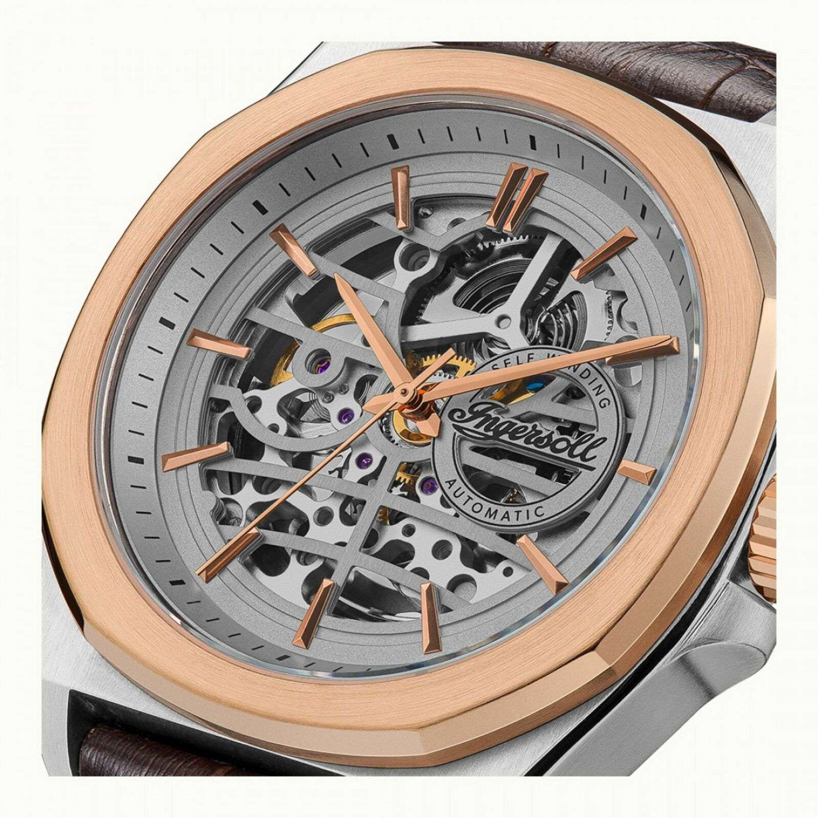Ingersoll The Orville Automatic Silver Skeleton Dial Brown Leather Strap Men's Watch I09301B