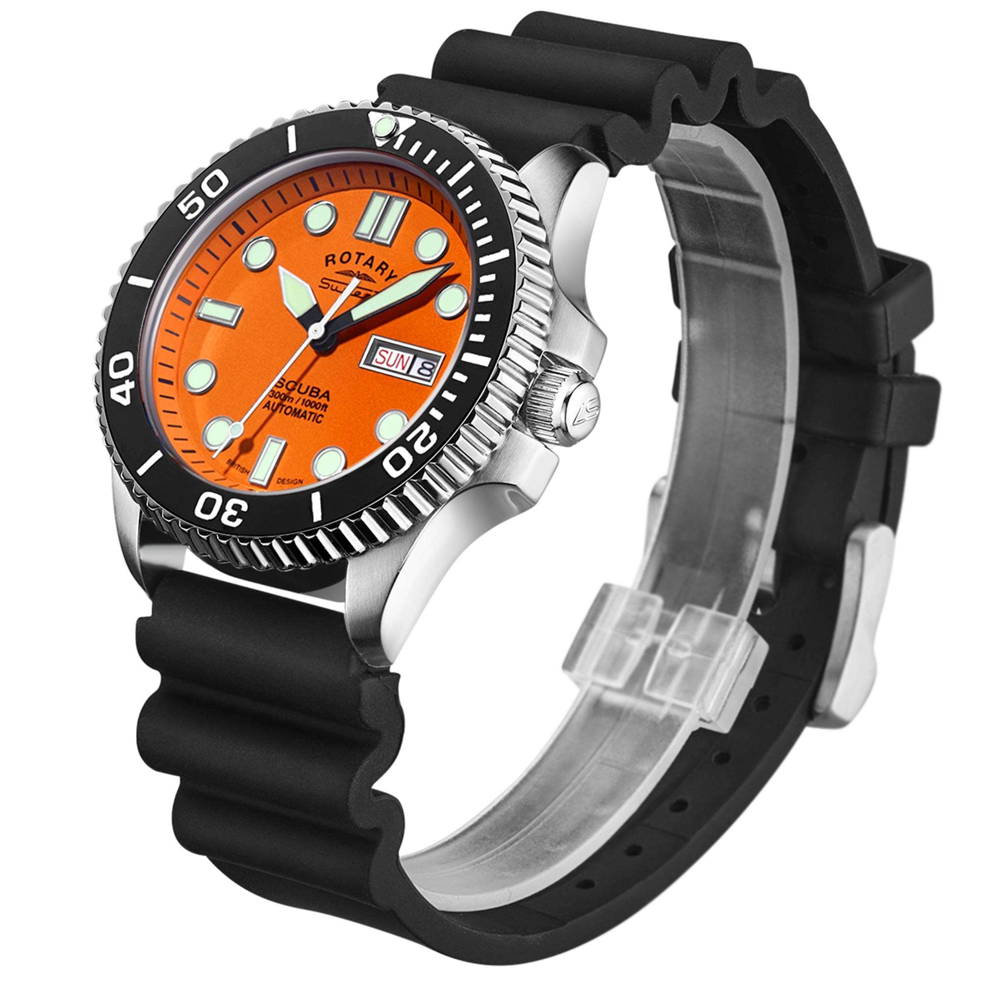 Rotary Super 7 SCUBA Automatic Orange Dial Ceramic Bezel Silicone Strap Men's Dive Watch S7S002S