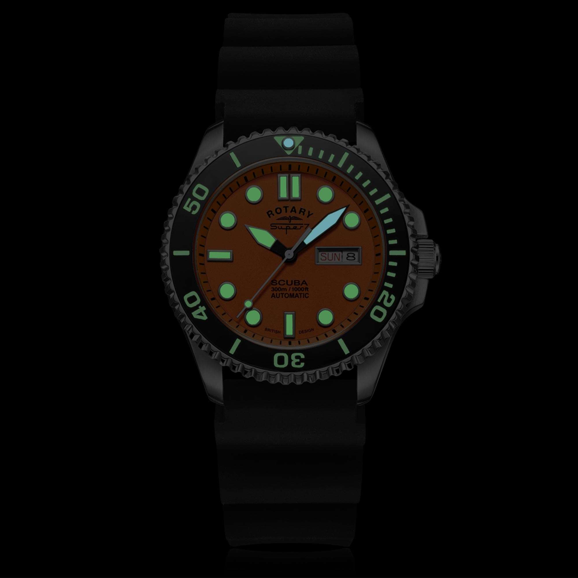 Rotary Super 7 SCUBA Automatic Orange Dial Ceramic Bezel Silicone Strap Men's Dive Watch S7S002S