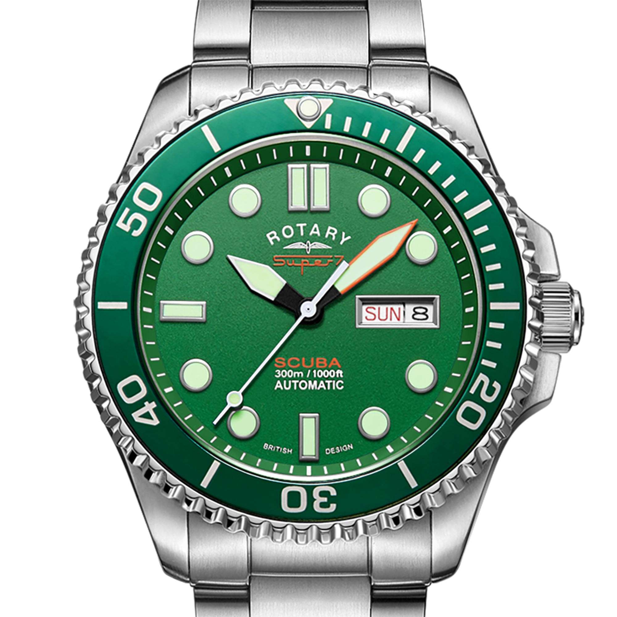 Rotary Super 7 SCUBA 'Hulk' Automatic Green Dial Silver Stainless Steel Bracelet Men's Dive Watch S7S003B