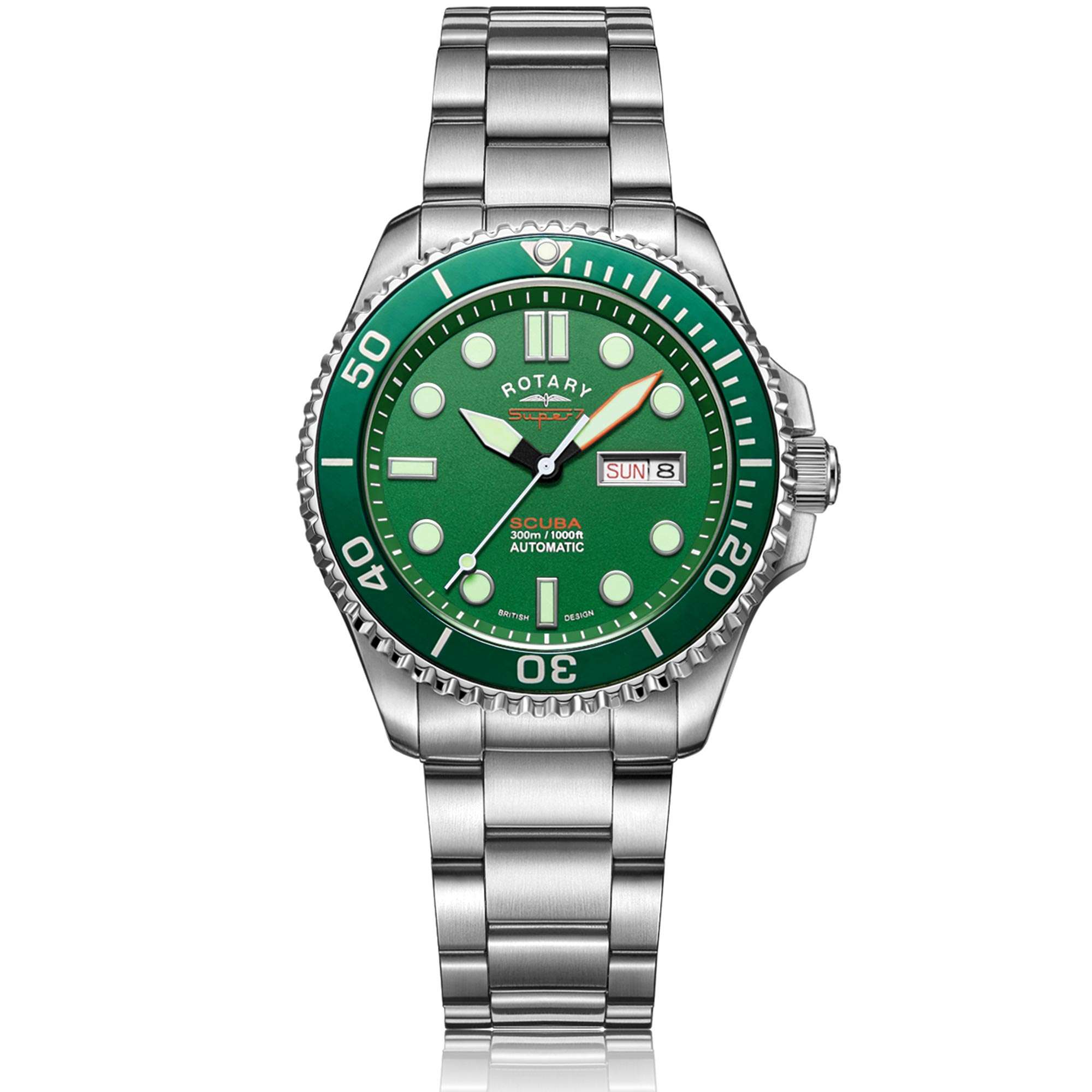 Rotary Super 7 SCUBA 'Hulk' Automatic Green Dial Silver Stainless Steel Bracelet Men's Dive Watch S7S003B