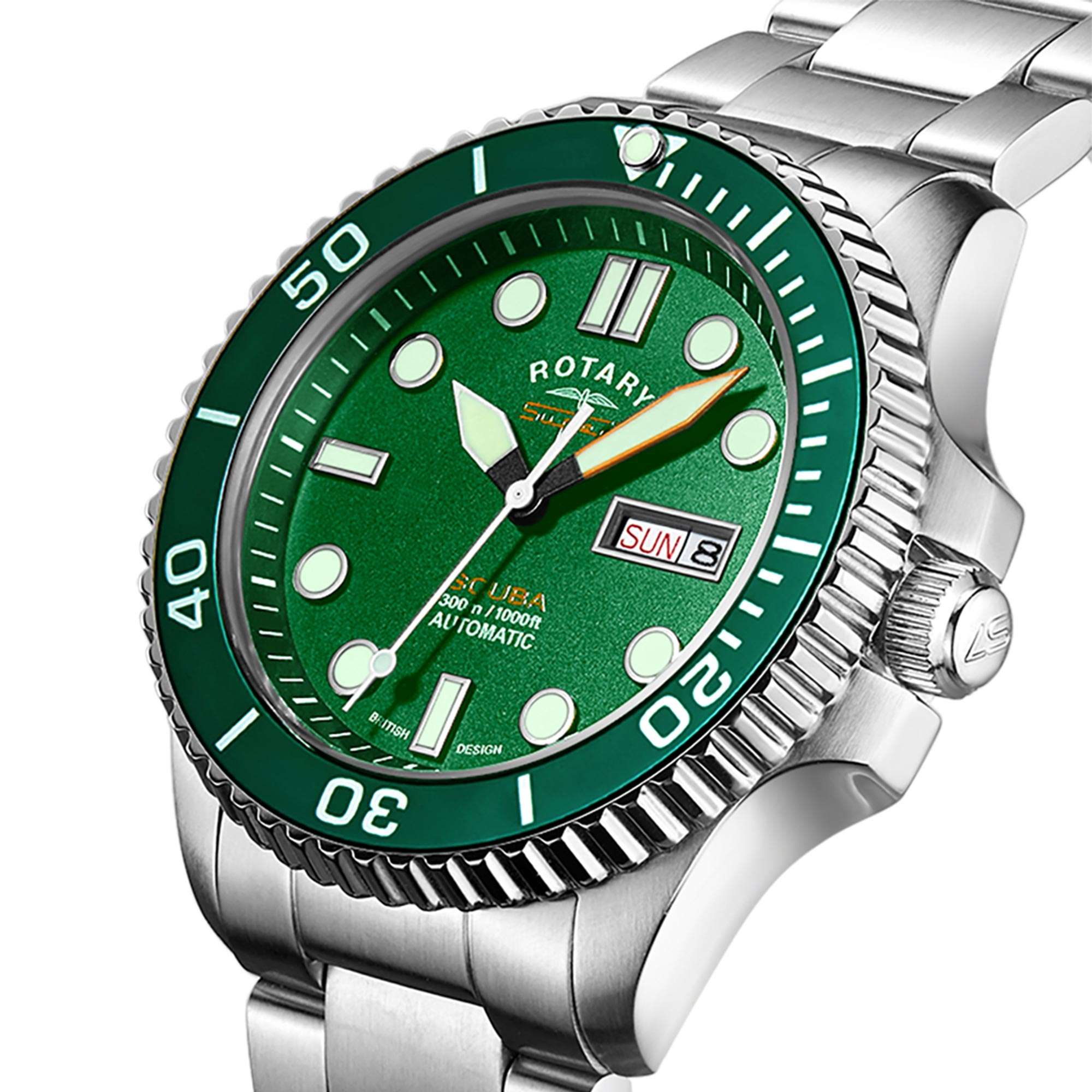 Rotary Super 7 SCUBA 'Hulk' Automatic Green Dial Silver Stainless Steel Bracelet Men's Dive Watch S7S003B