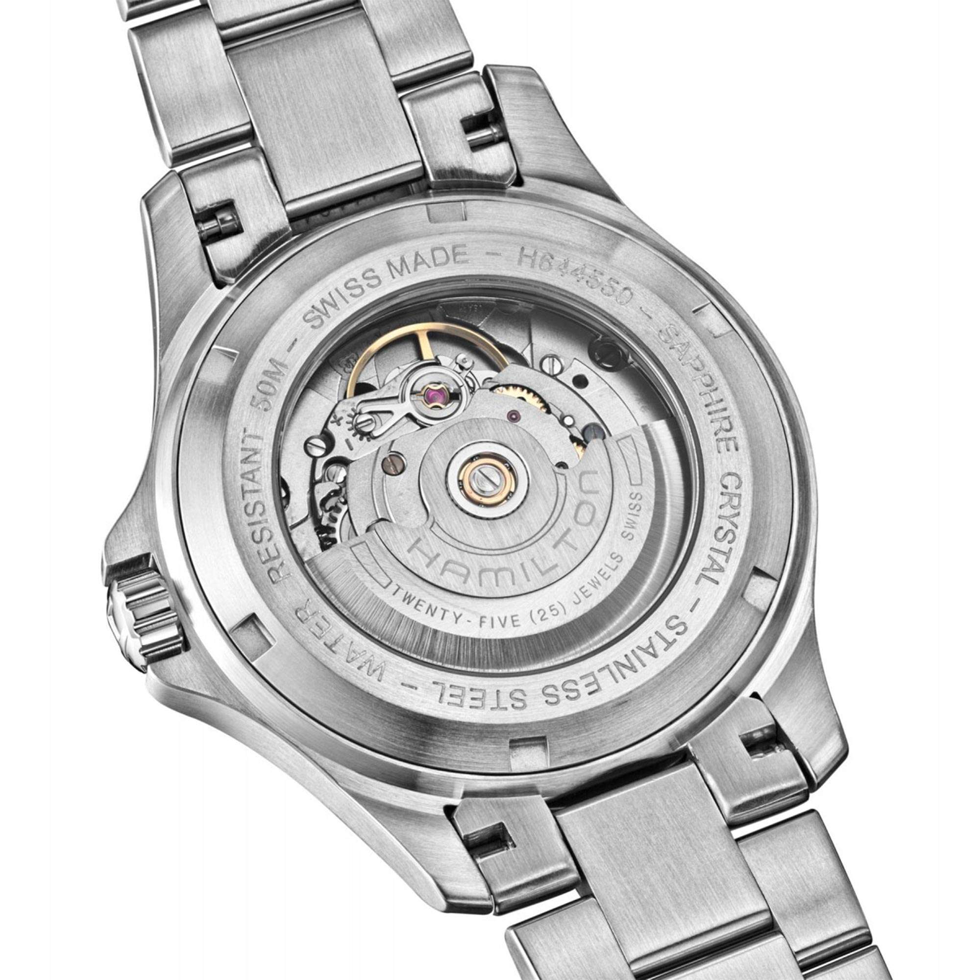 Hamilton Khaki Field H64455133 skeleton screw-down caseback revealing H-40 movement