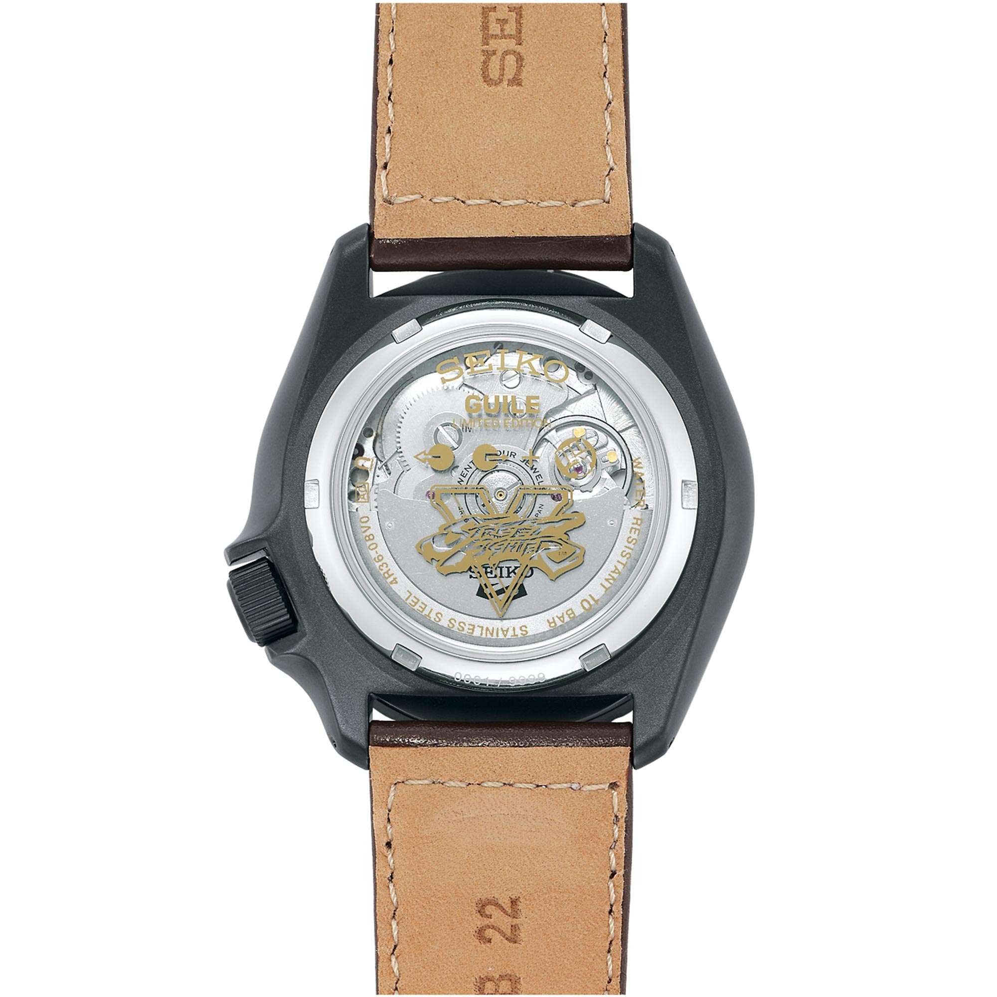 Seiko 5 Sports Street Fighter Guile Camouflage Dial Brown Leather Strap Men's Watch SRPF21K1