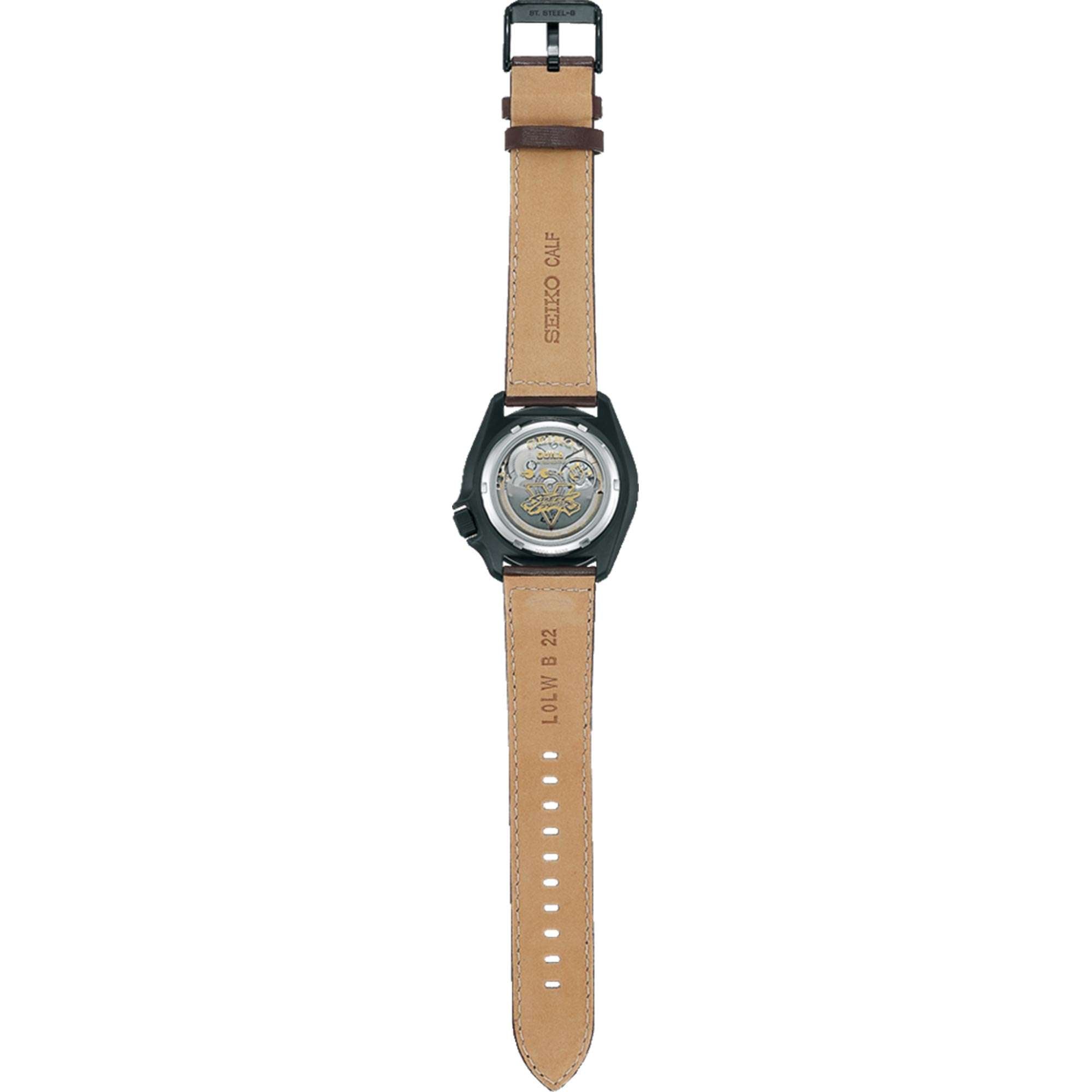 Seiko 5 Sports Street Fighter Guile Camouflage Dial Brown Leather Strap Men's Watch SRPF21K1