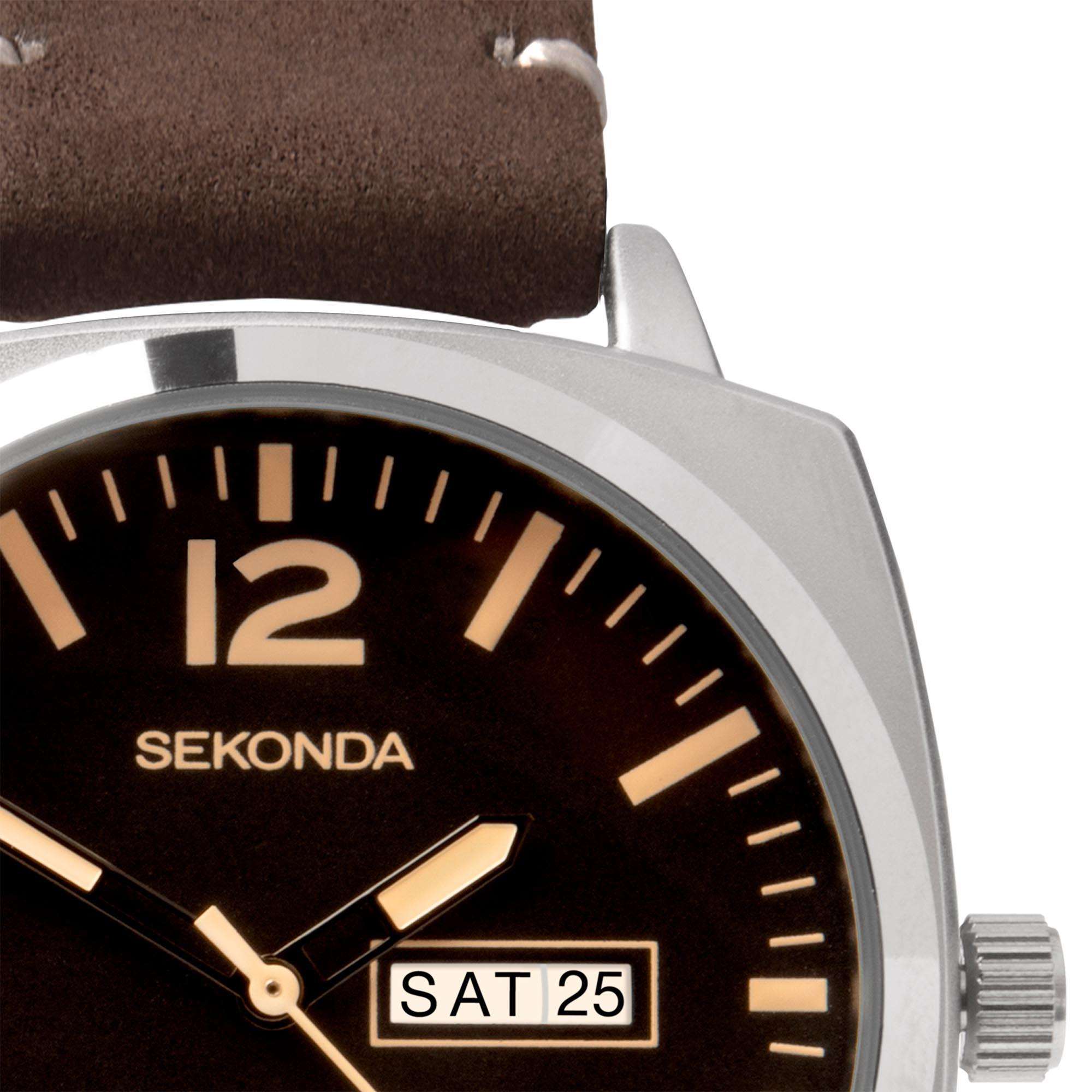Sekonda Airborne Quartz Black Dial Brown Strap Men's Watch 1988