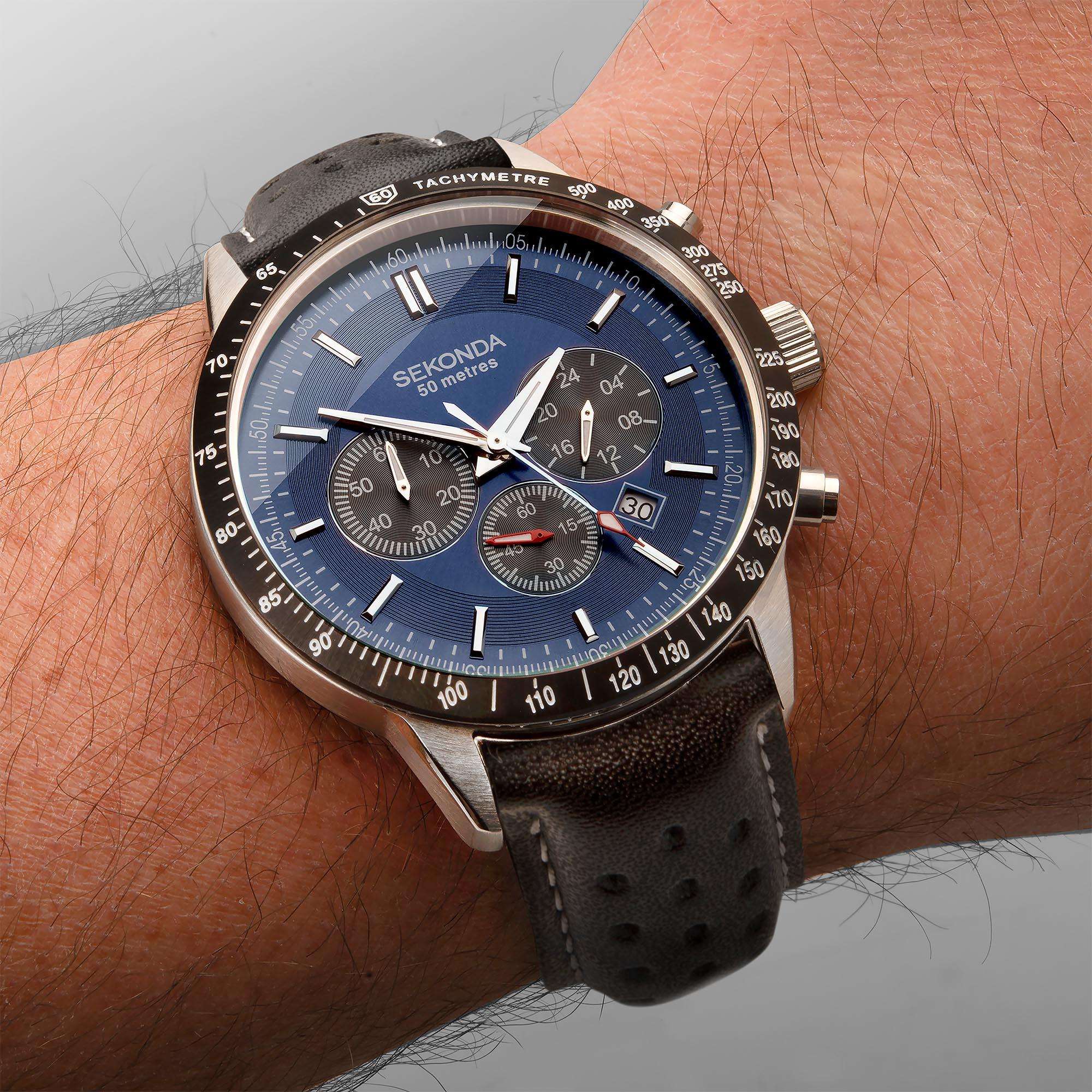 Sekonda Chronograph Quartz Blue Dial Black Strap Men's Watch 1971